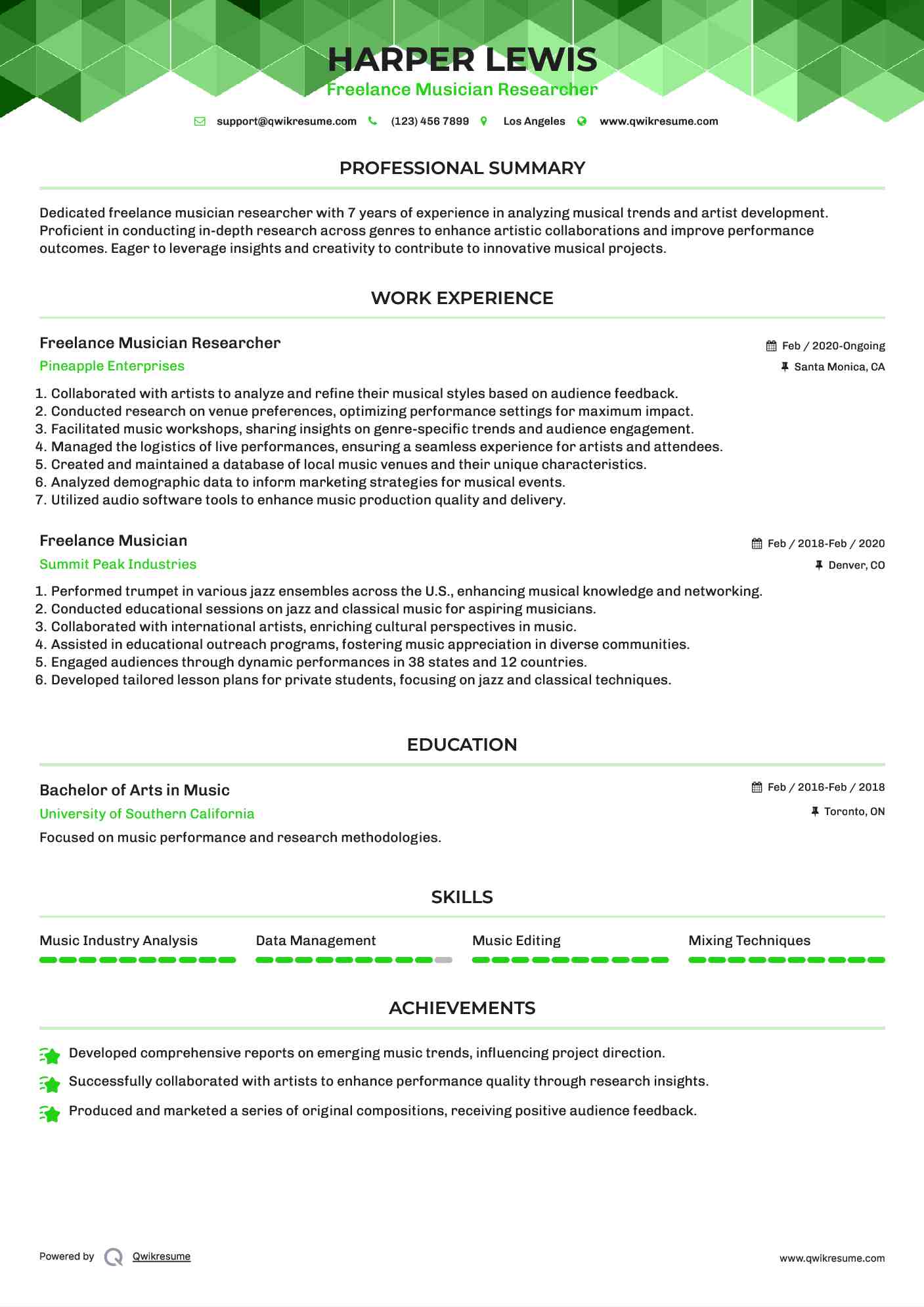 Freelance Musician Researcher Resume Format