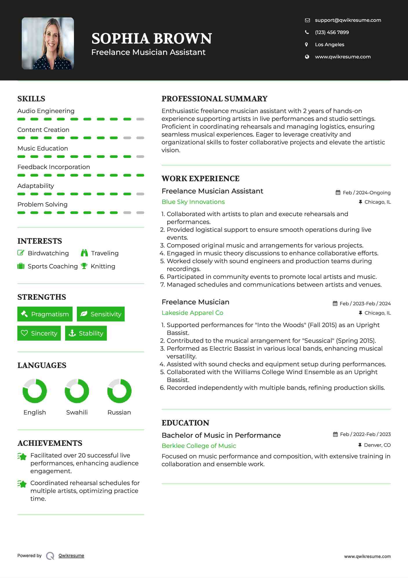 Freelance Musician Assistant Resume Example