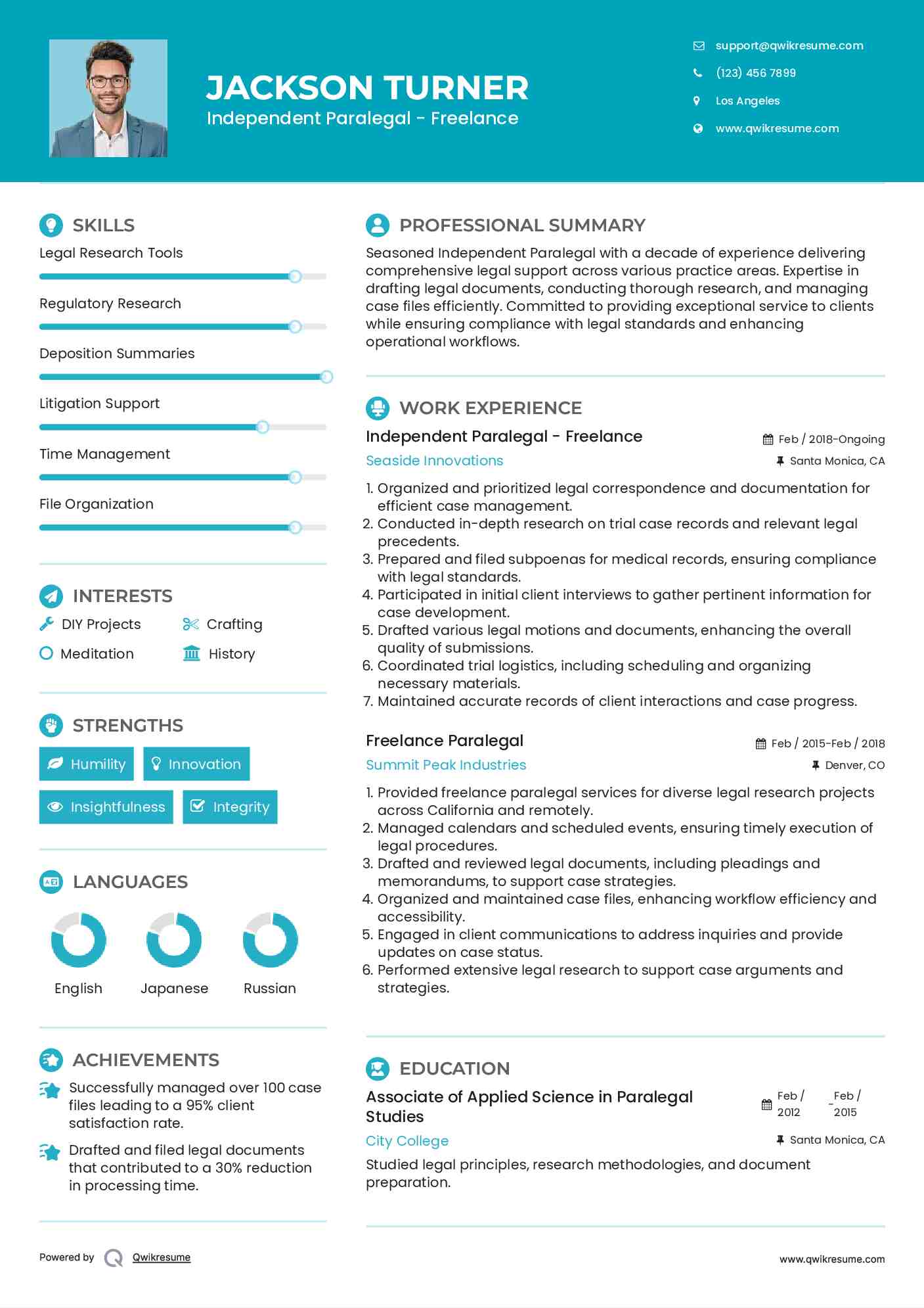 Independent Paralegal - Freelance Resume Example