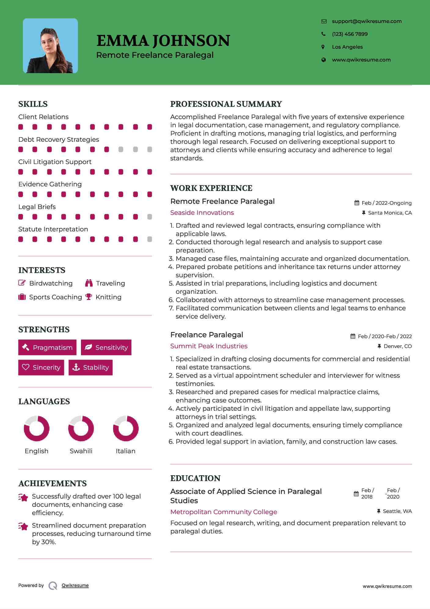 Remote Freelance Paralegal Resume Sample