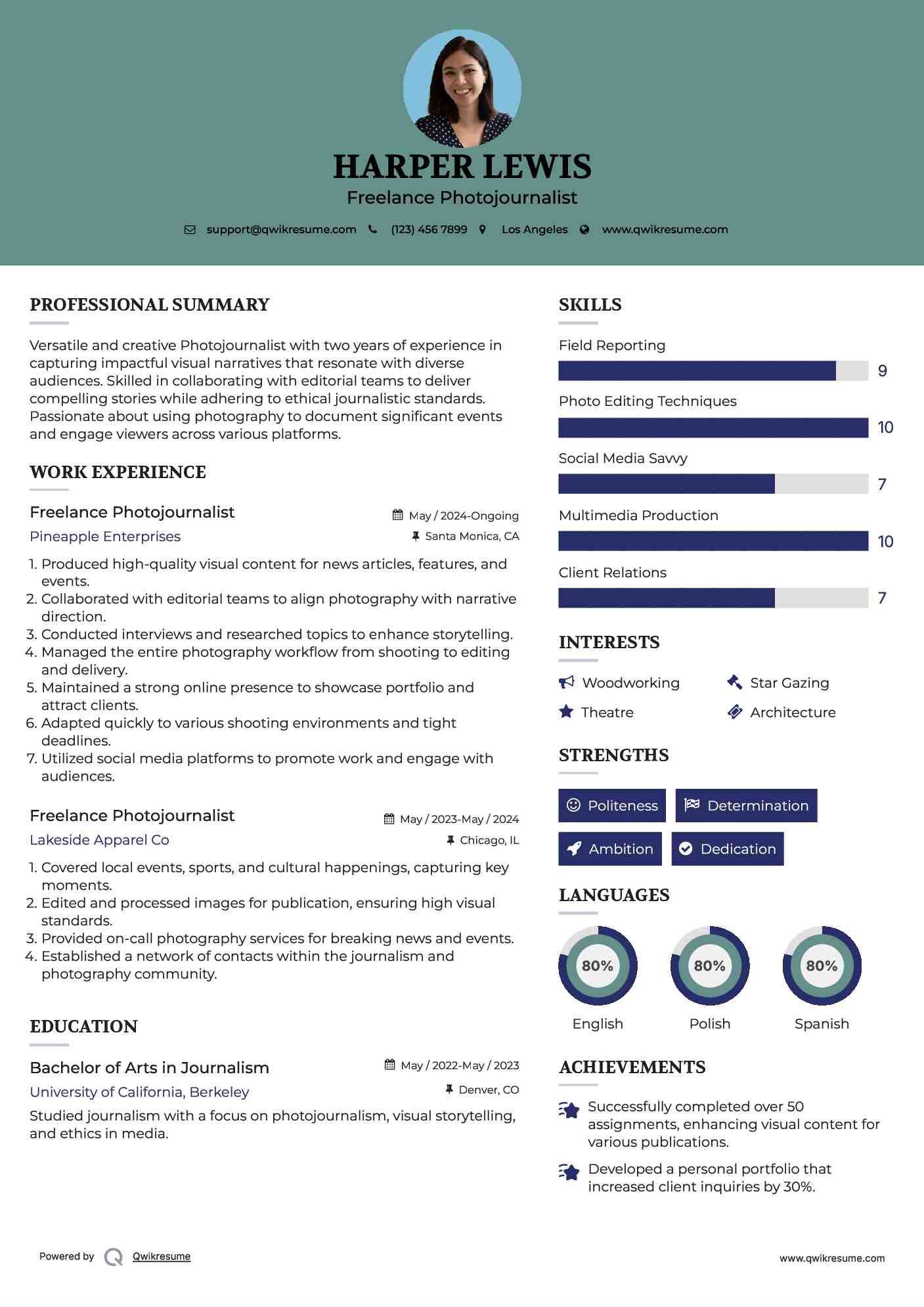 Freelance Photojournalist Resume Model