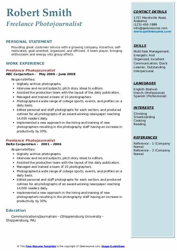 Freelance Photojournalist Resume Samples QwikResume