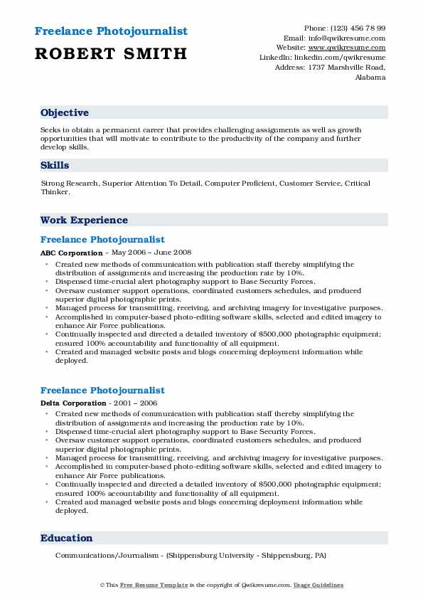 Freelance Photojournalist Resume Samples QwikResume
