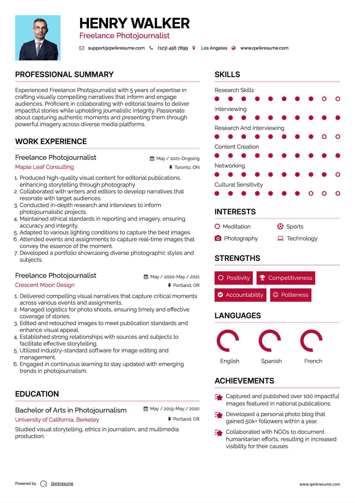 Freelance Photojournalist Resume Format