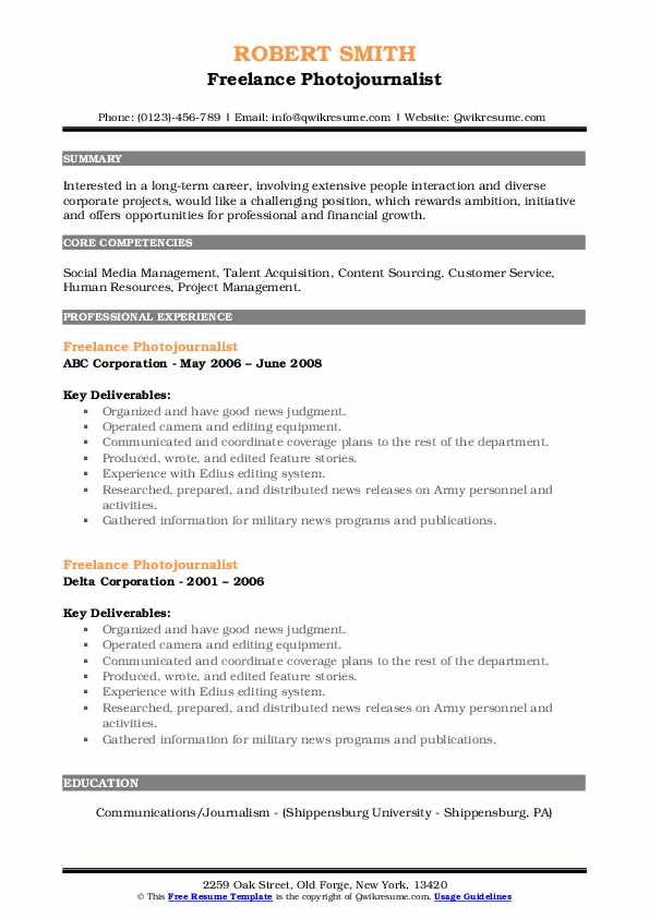 Freelance Photojournalist Resume Samples QwikResume