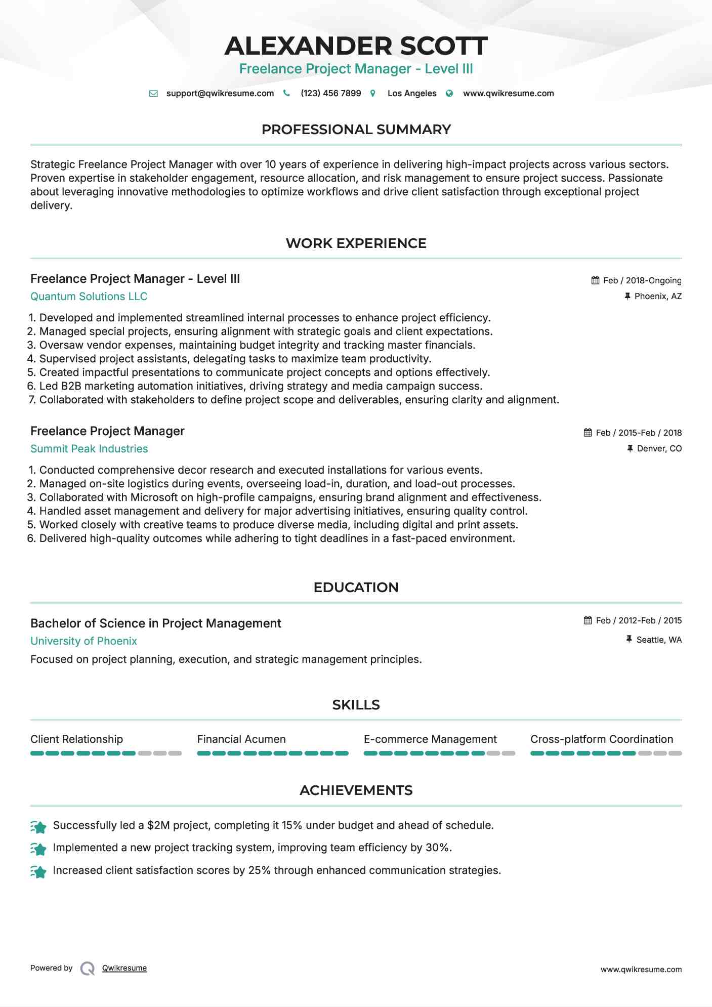 Freelance Project Manager - Level III Resume Model