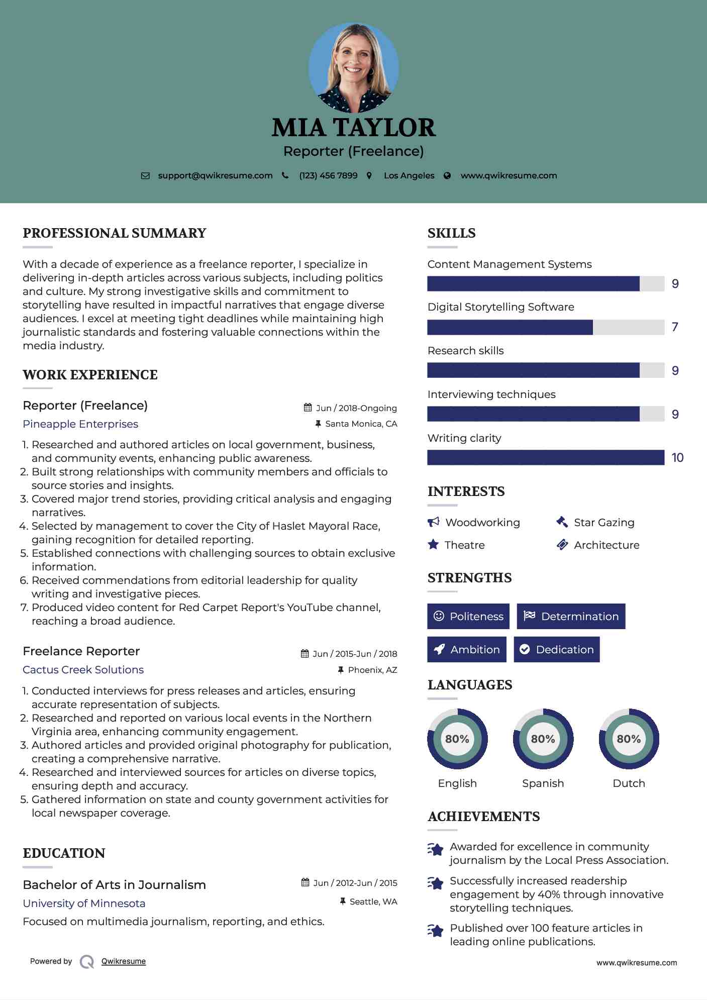 Reporter (Freelance) Resume Model