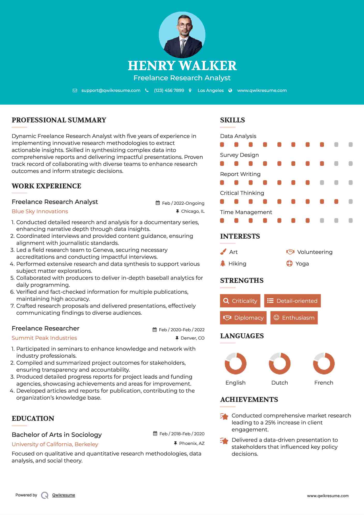 Freelance Research Analyst Resume Model