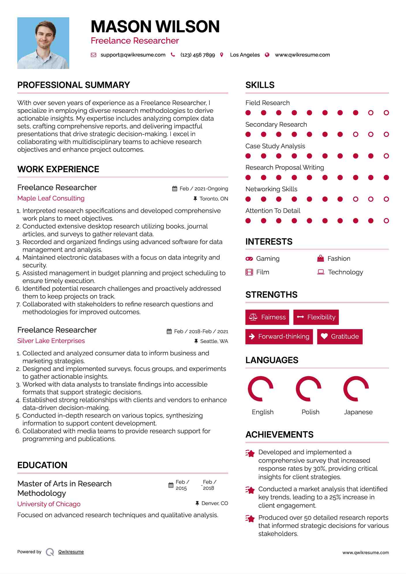 Freelance Researcher Resume Model