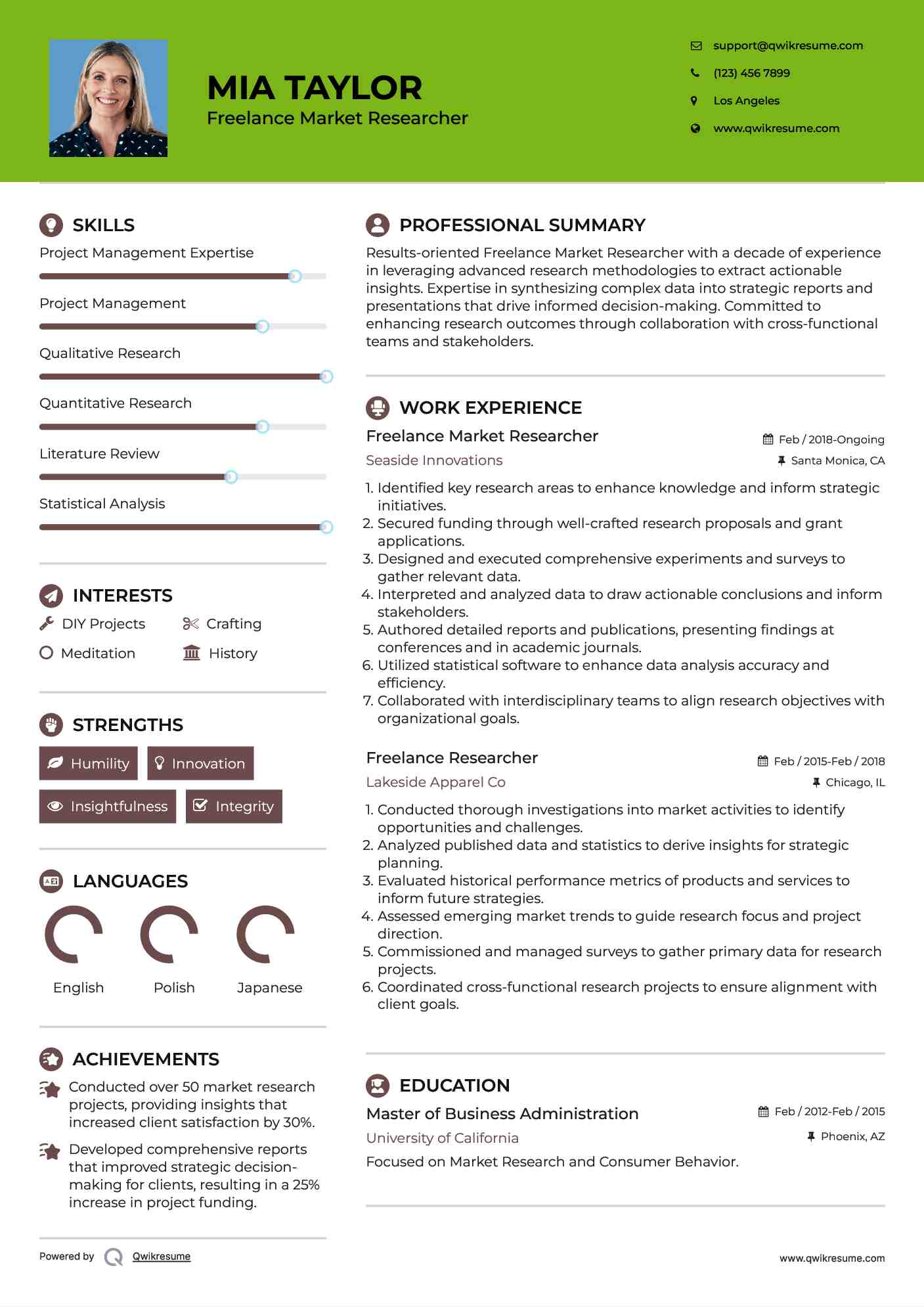 Freelance Market Researcher Resume Template