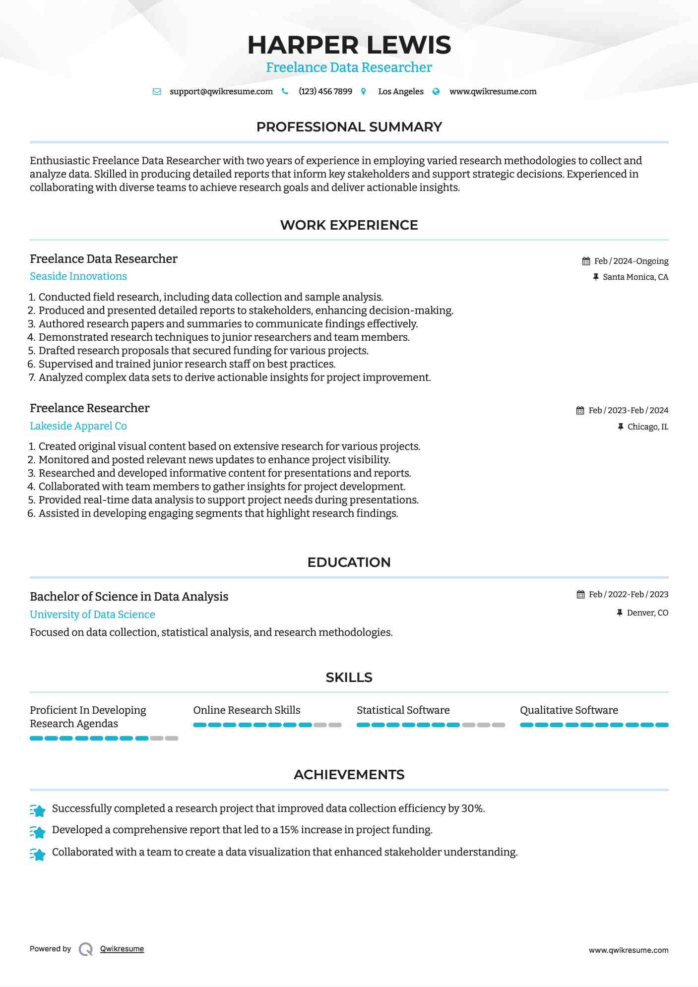 Freelance Data Researcher Resume Template