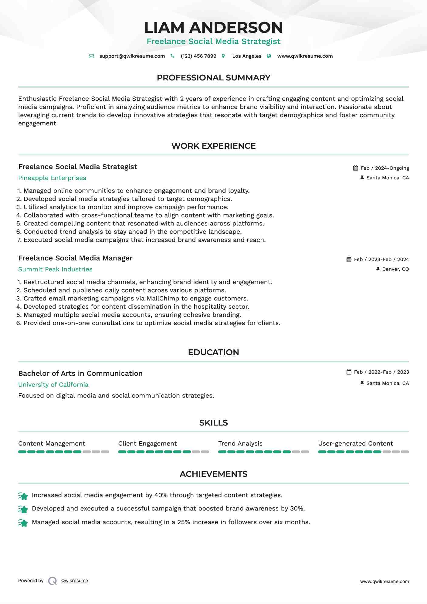 Freelance Social Media Strategist Resume Sample