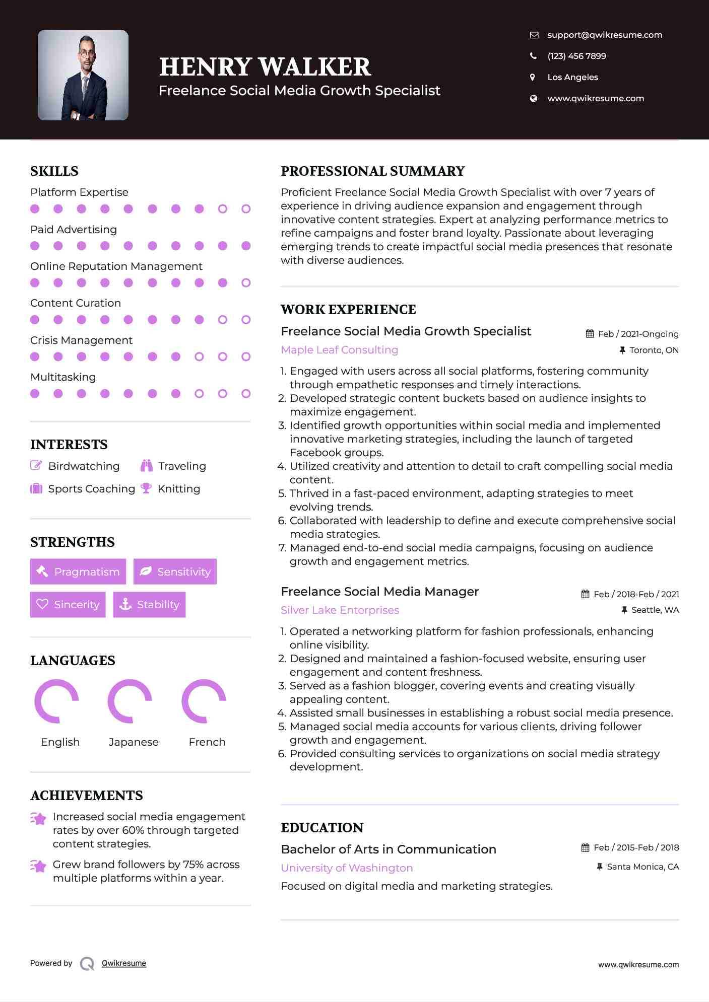 Freelance Social Media Growth Specialist Resume Format