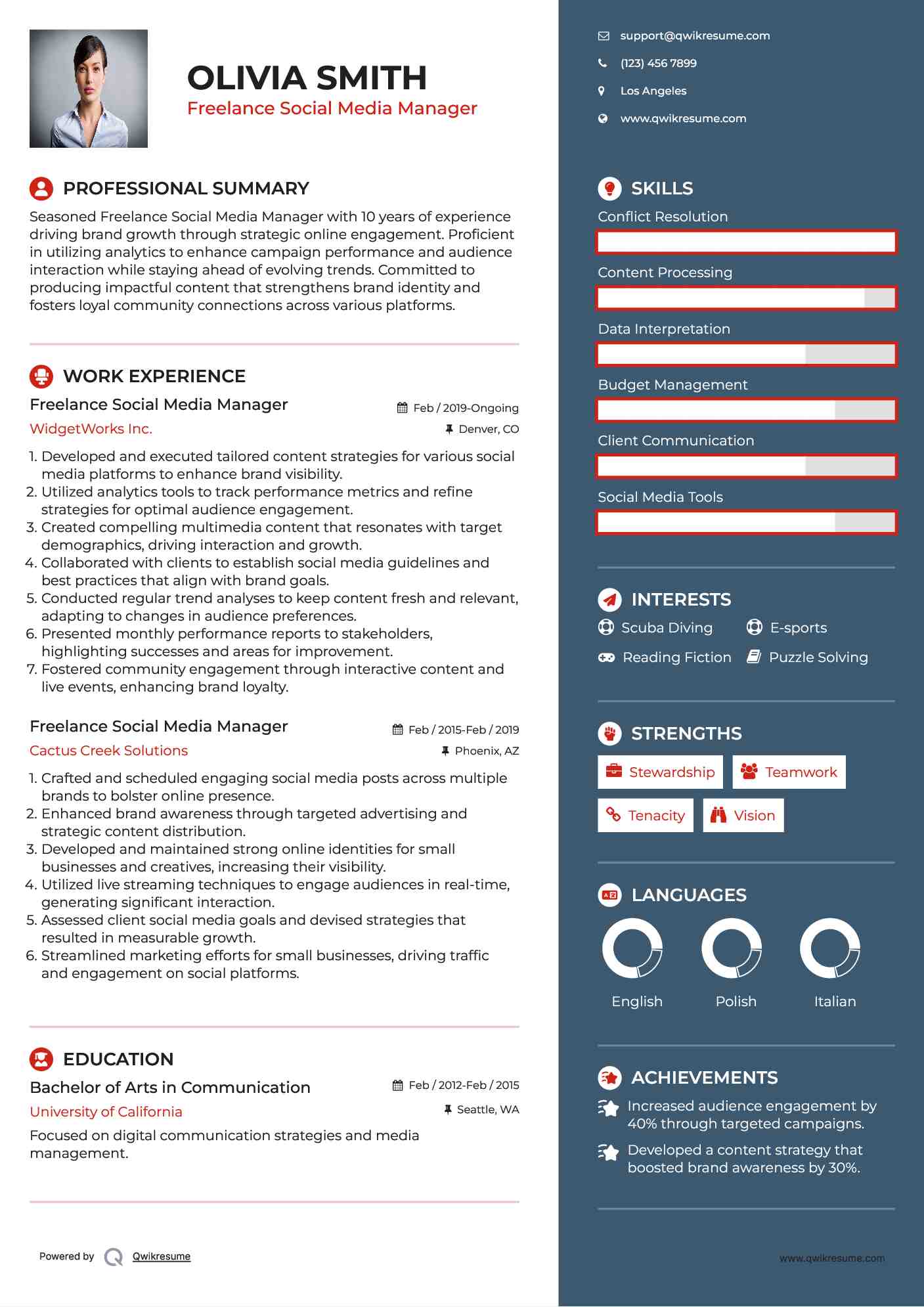 Freelance Social Media Manager Resume Example