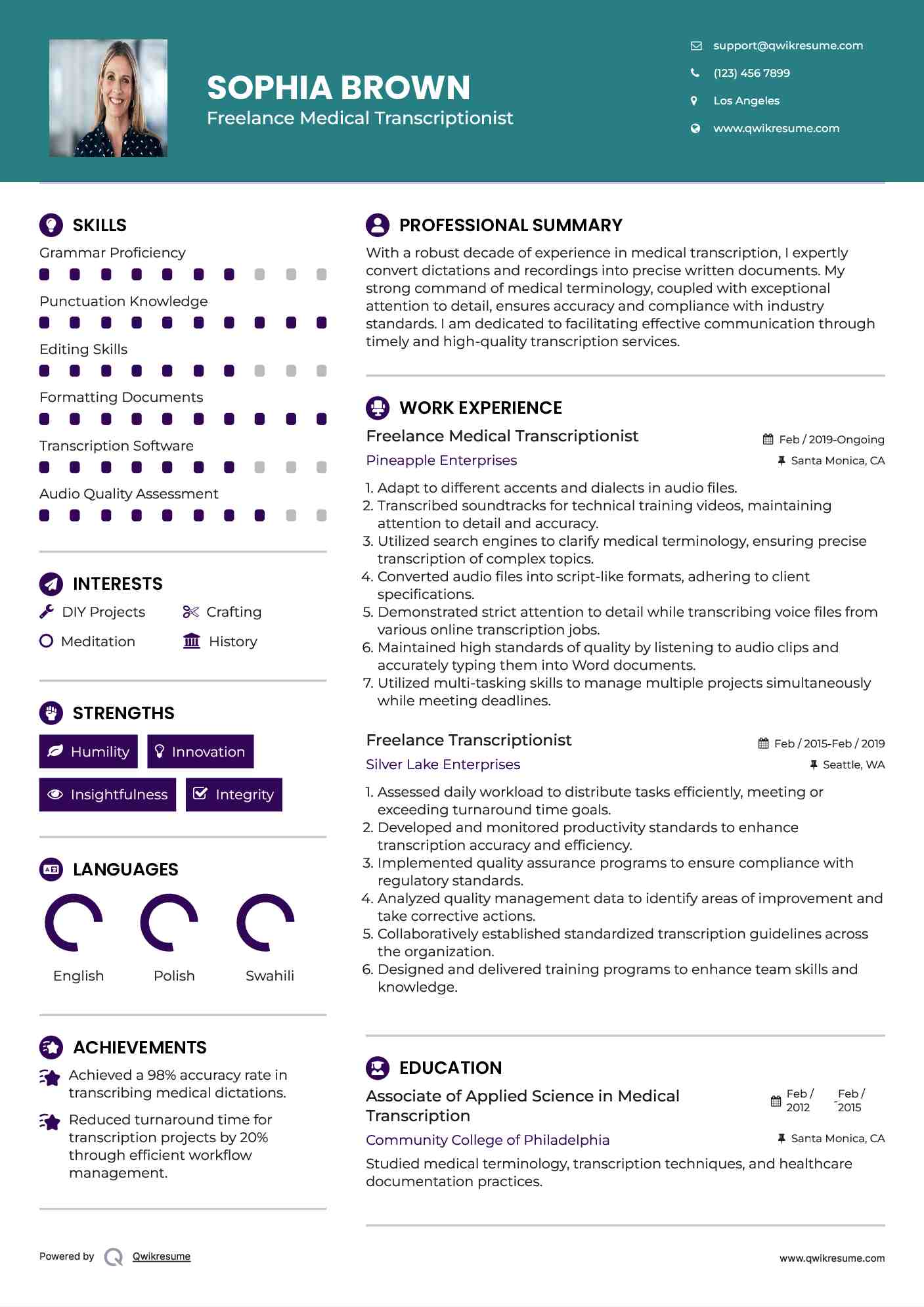 Freelance Medical Transcriptionist Resume Format