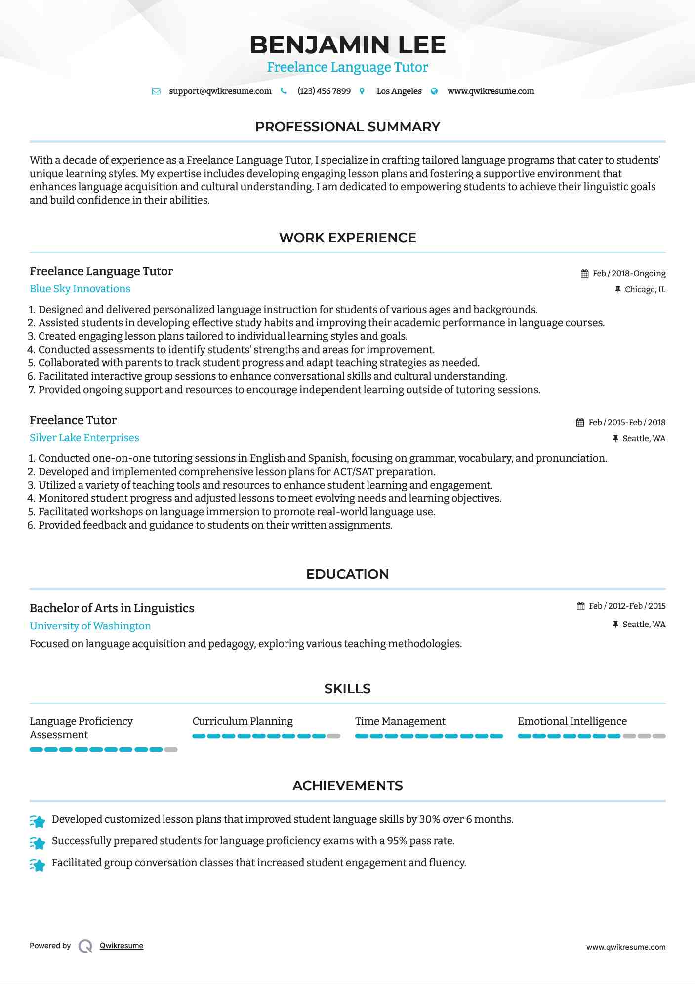 Freelance Language Tutor Resume Template