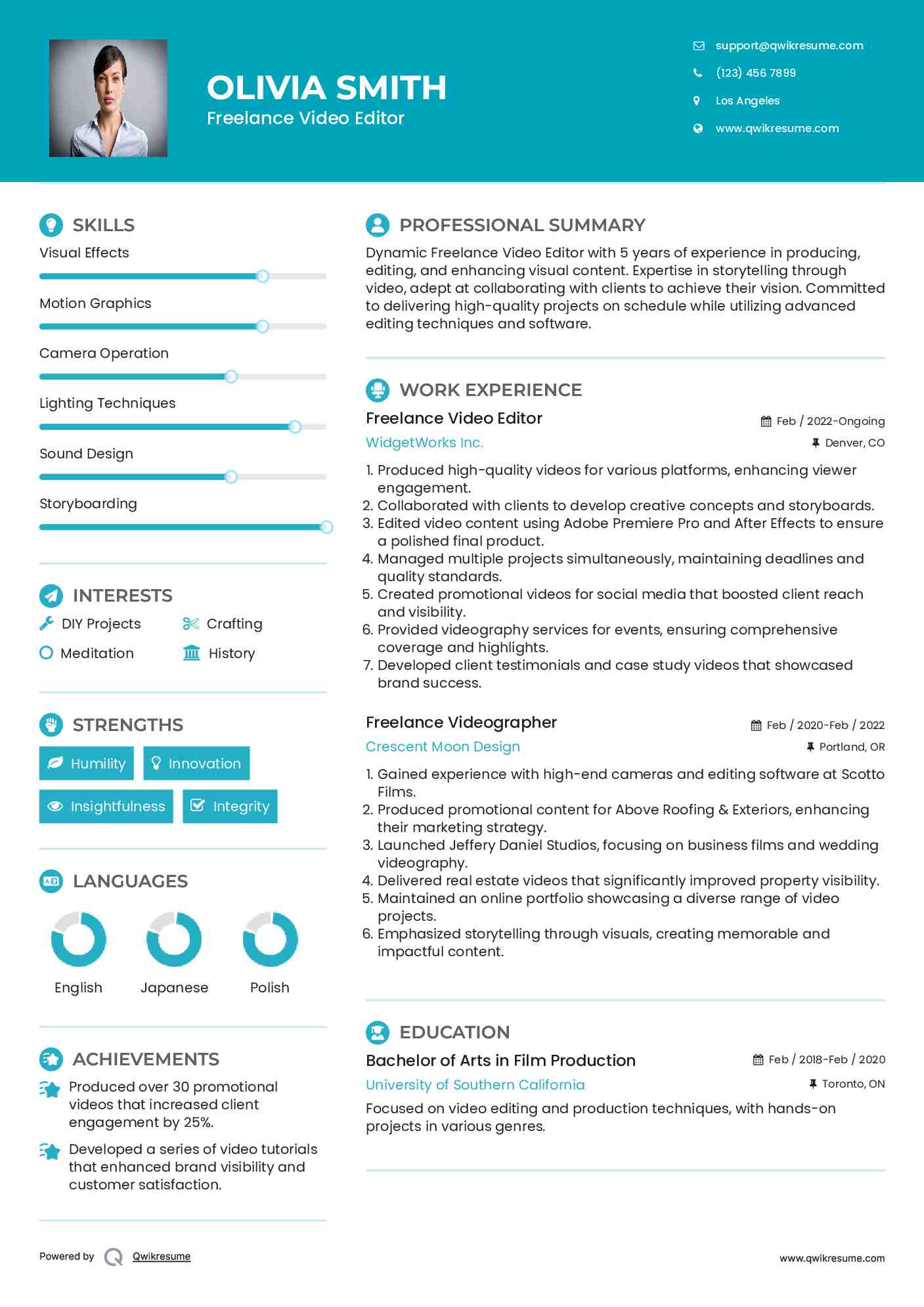 Freelance Video Editor Resume Model