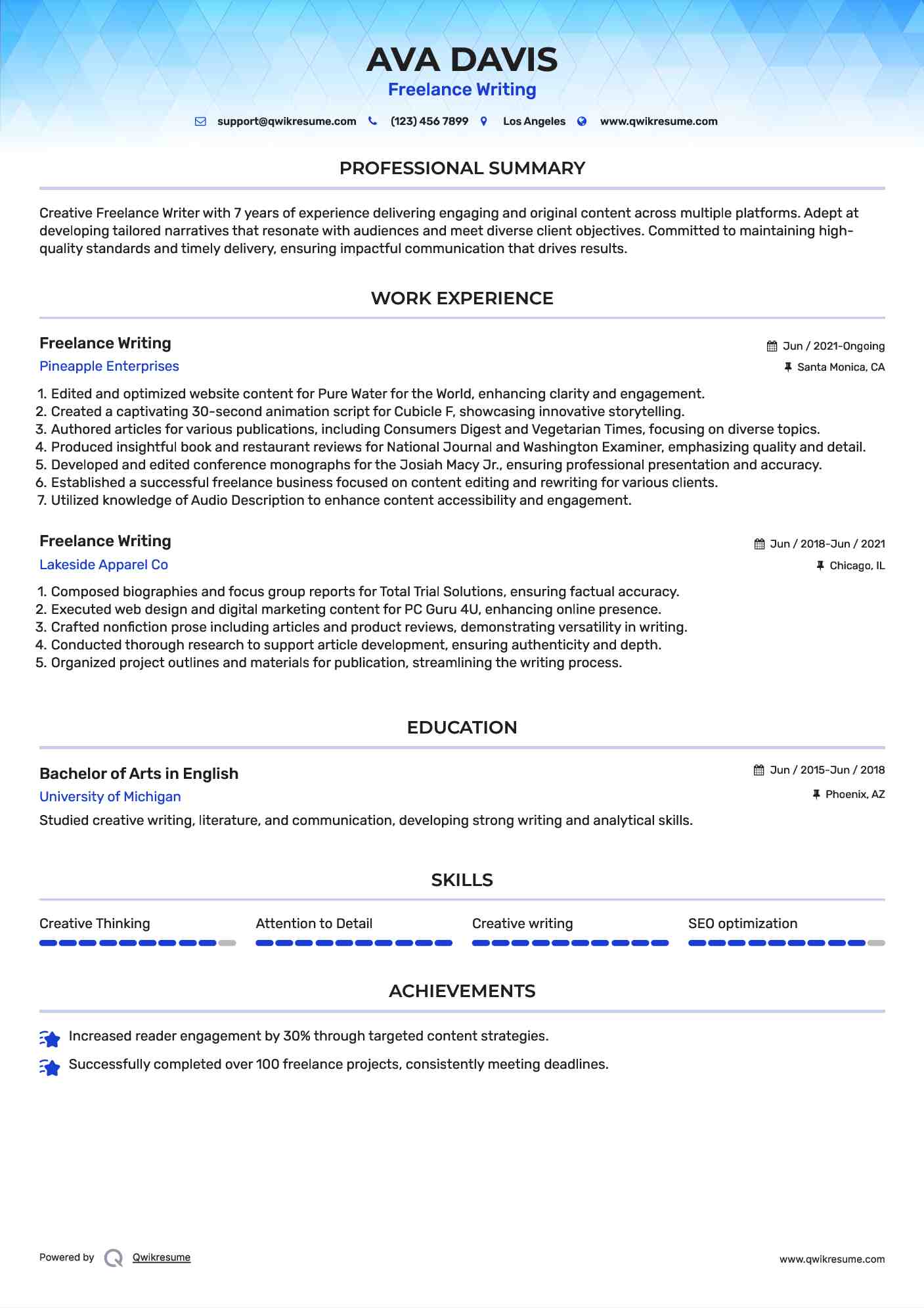 Freelance Writing Resume Template