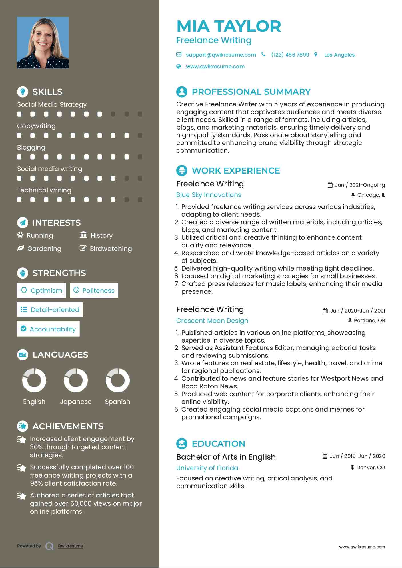 Freelance Writing Resume Example