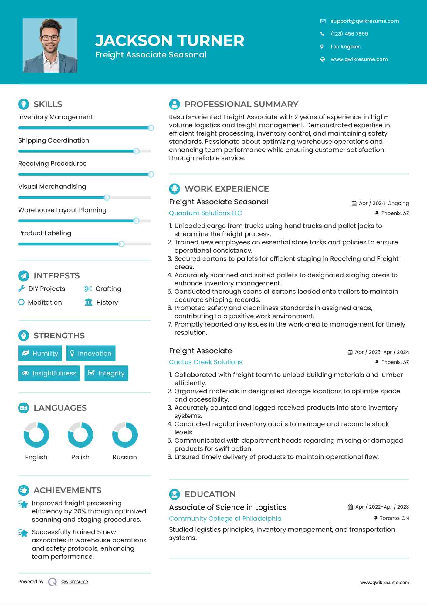 Freight Associate Seasonal Resume Model