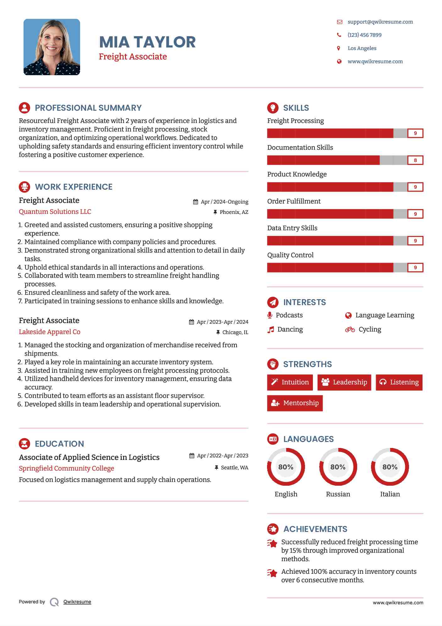 Freight Associate Resume Example