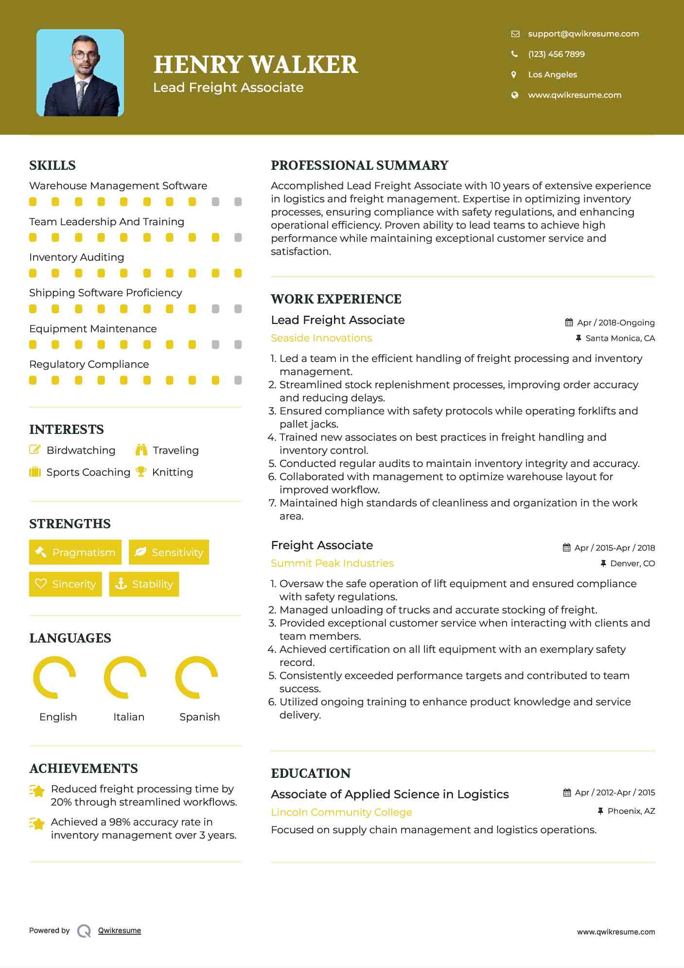 Lead Freight Associate Resume Sample