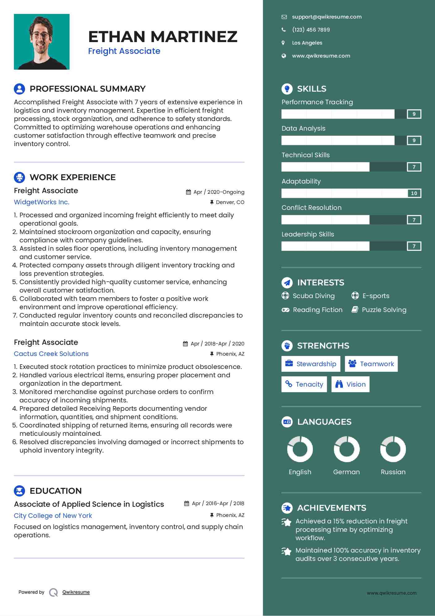 Freight Associate Resume Example