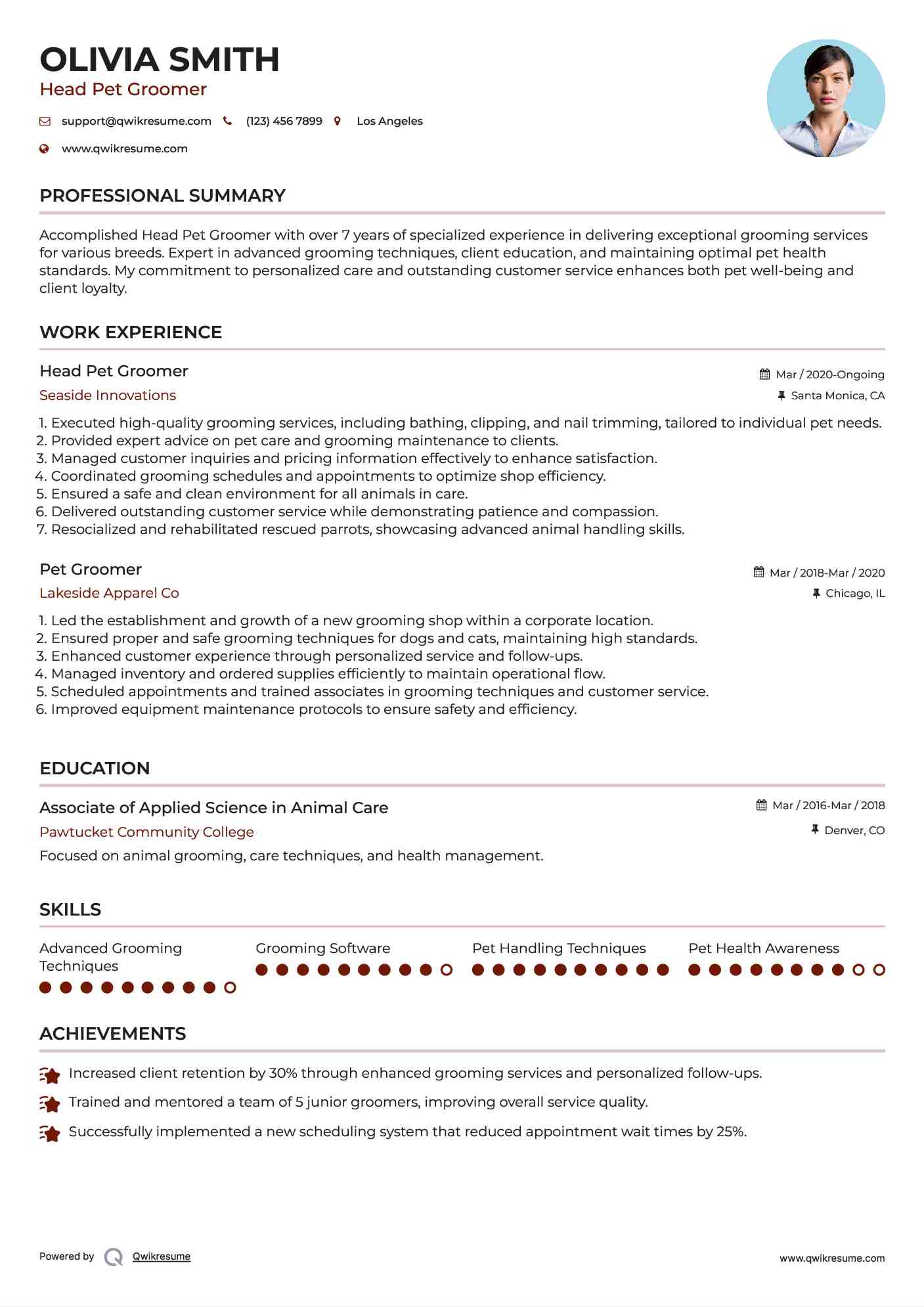 Head Pet Groomer Resume Example