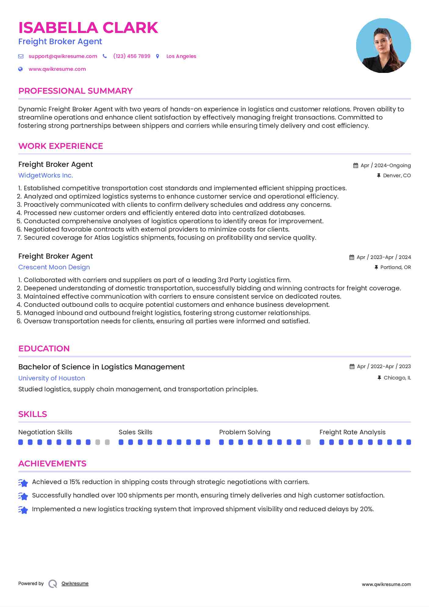 Freight Broker Agent Resume Model