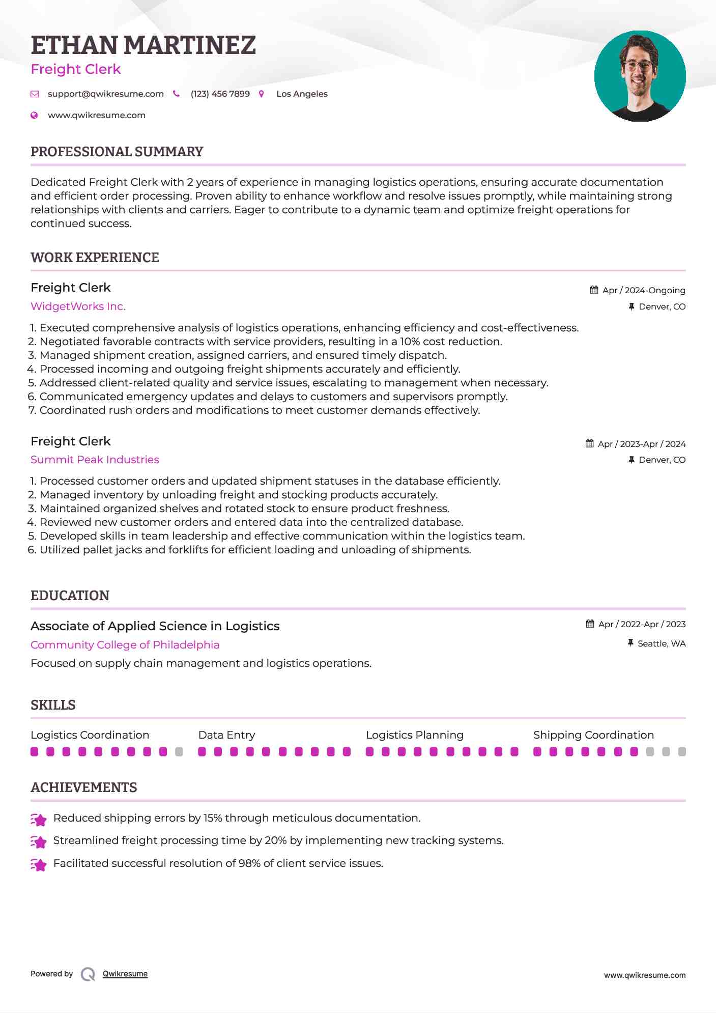Freight Clerk Resume Format