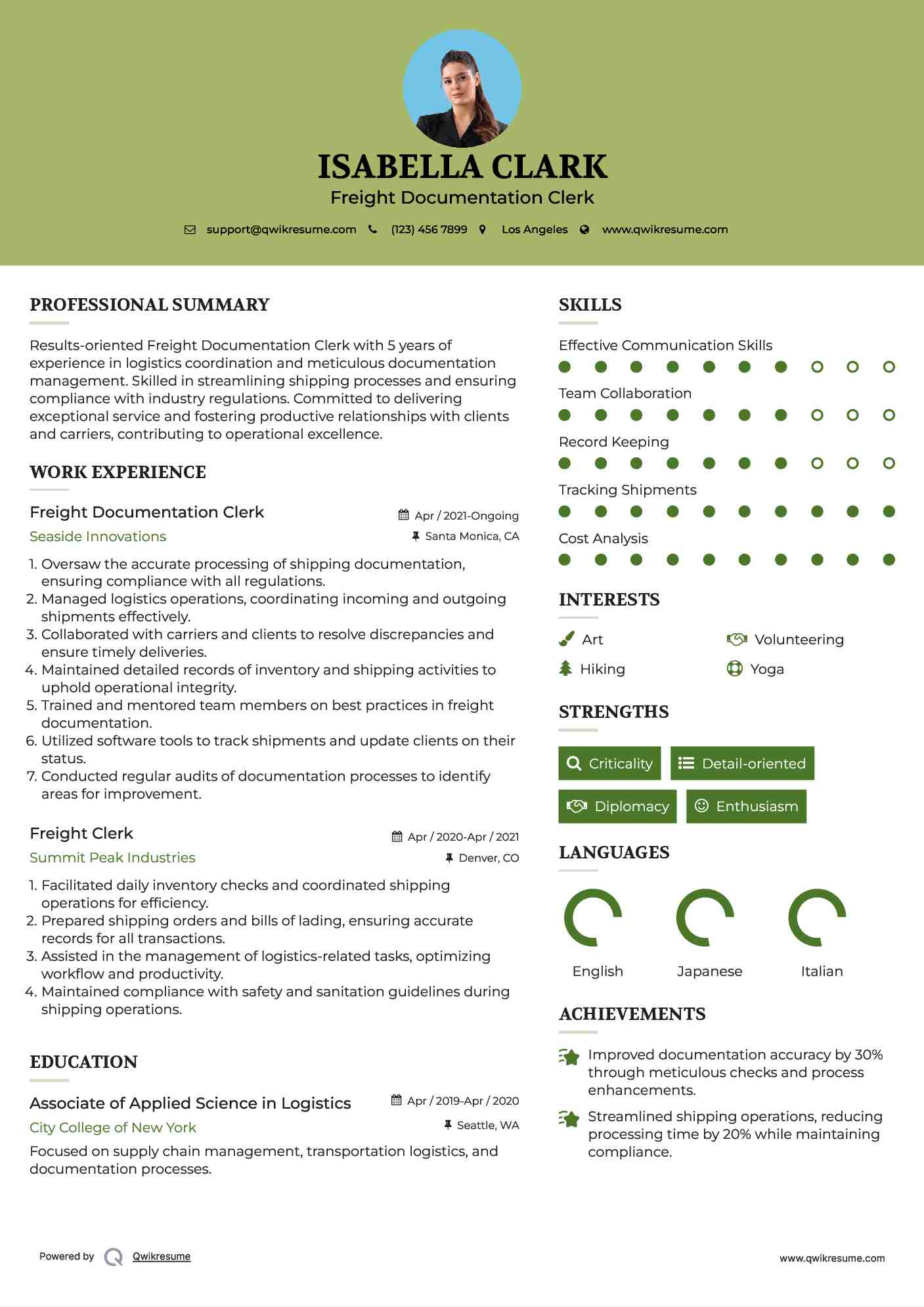 Freight Documentation Clerk Resume Sample