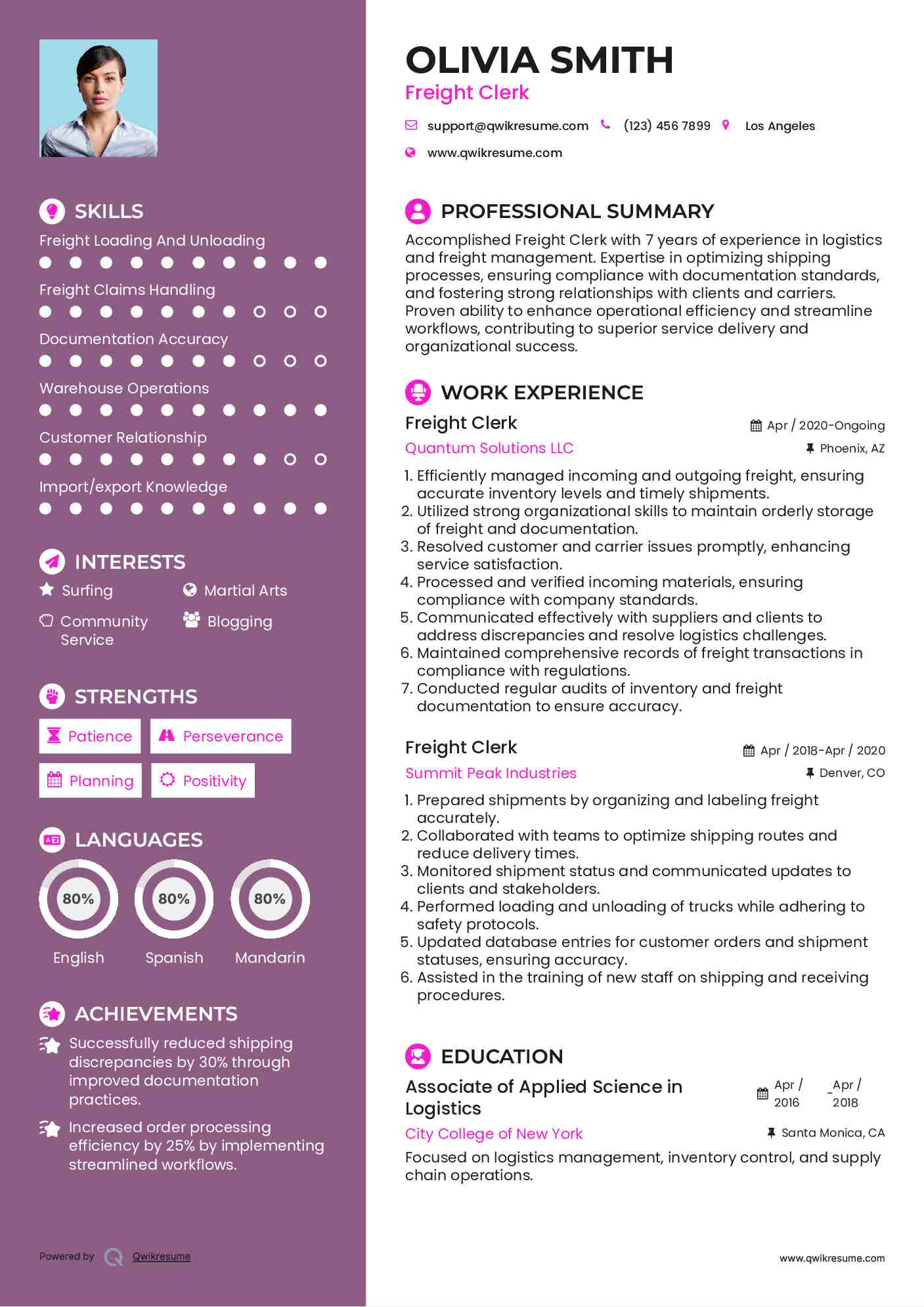 Freight Clerk Resume Sample