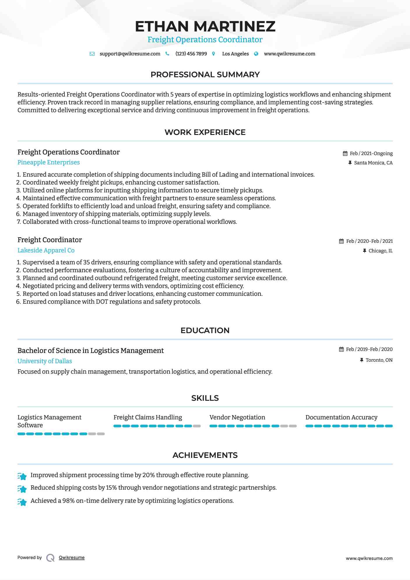 Freight Operations Coordinator Resume Model