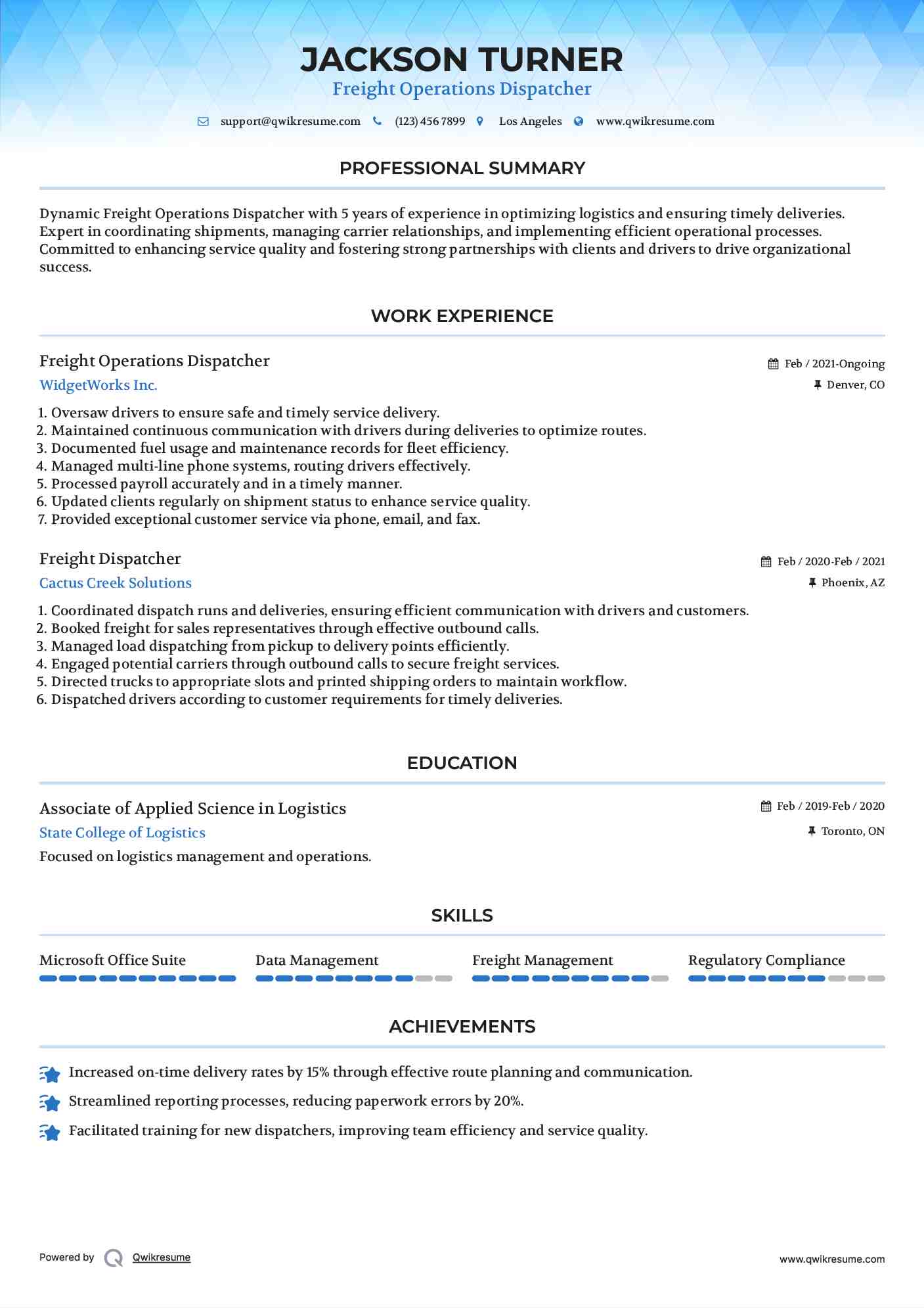 Freight Operations Dispatcher Resume Sample