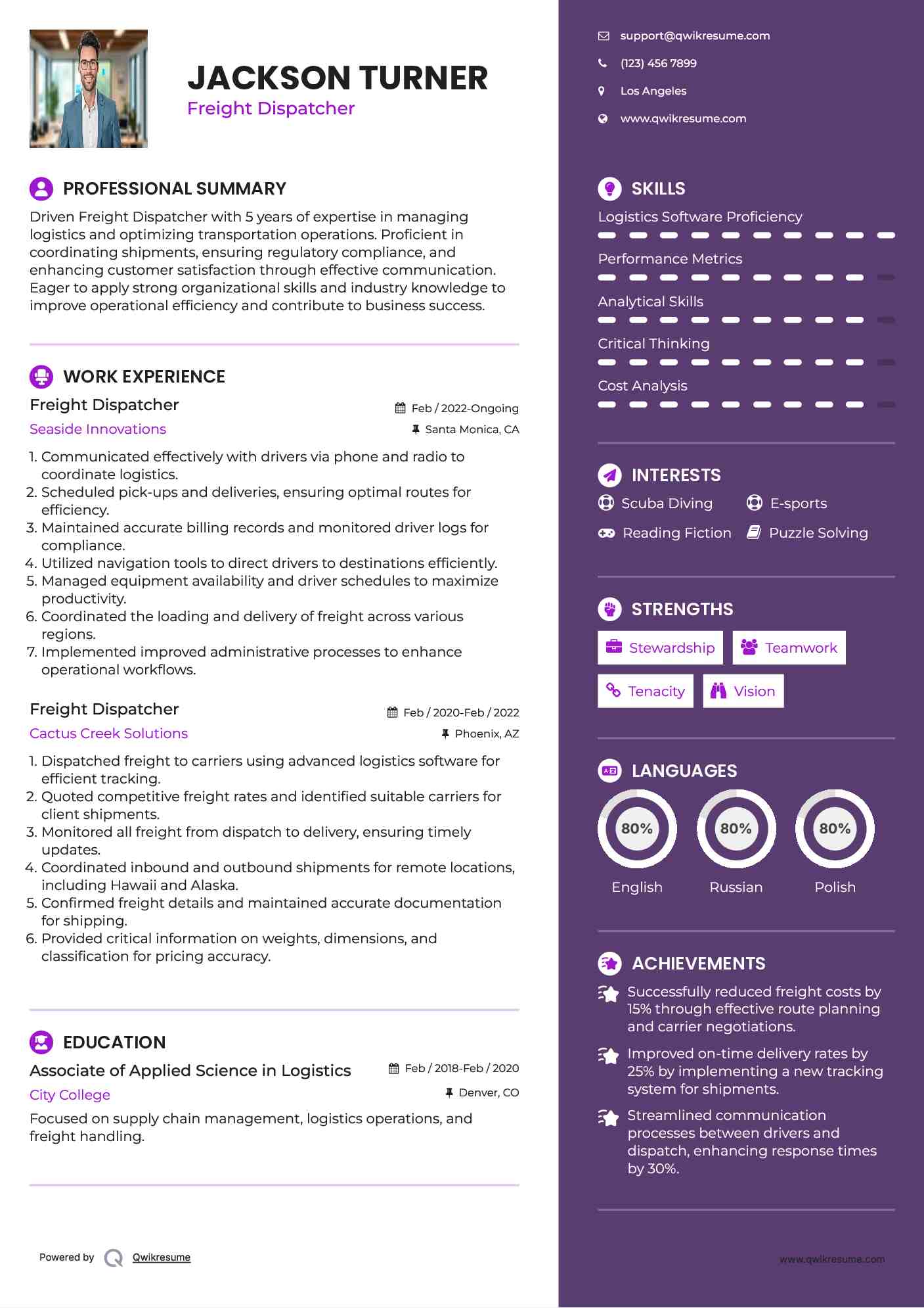 Freight Dispatcher Resume Example