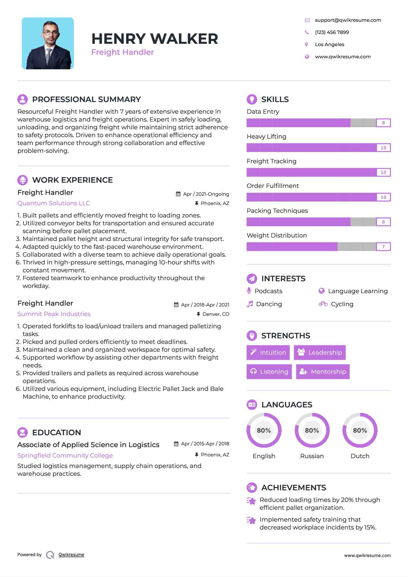 Freight Handler Resume Samples QwikResume