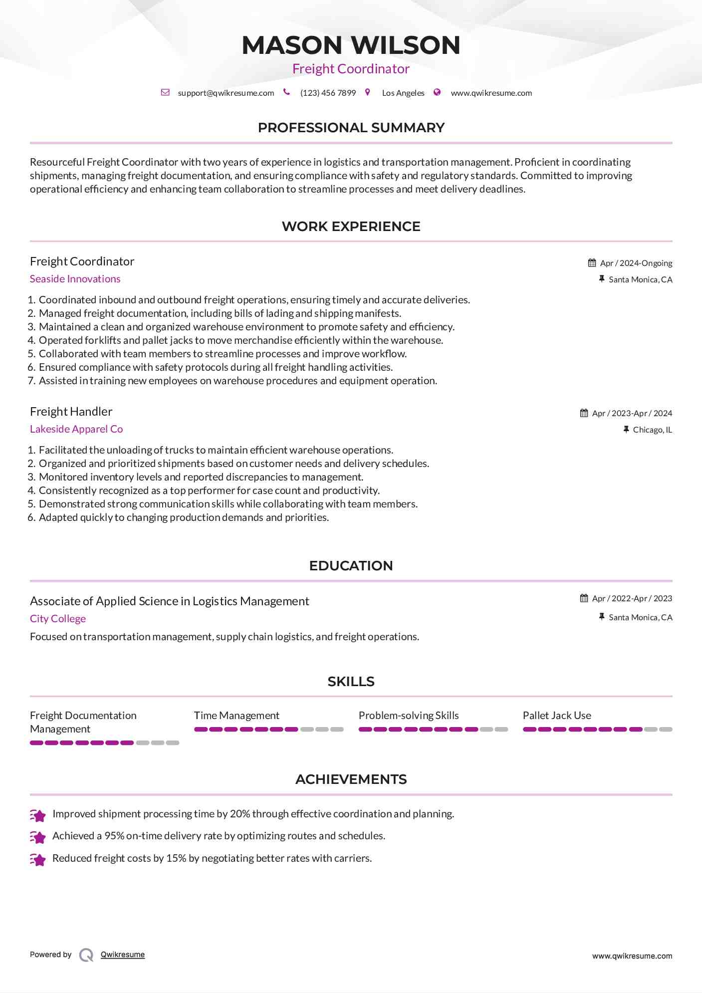 Freight Coordinator Resume Sample