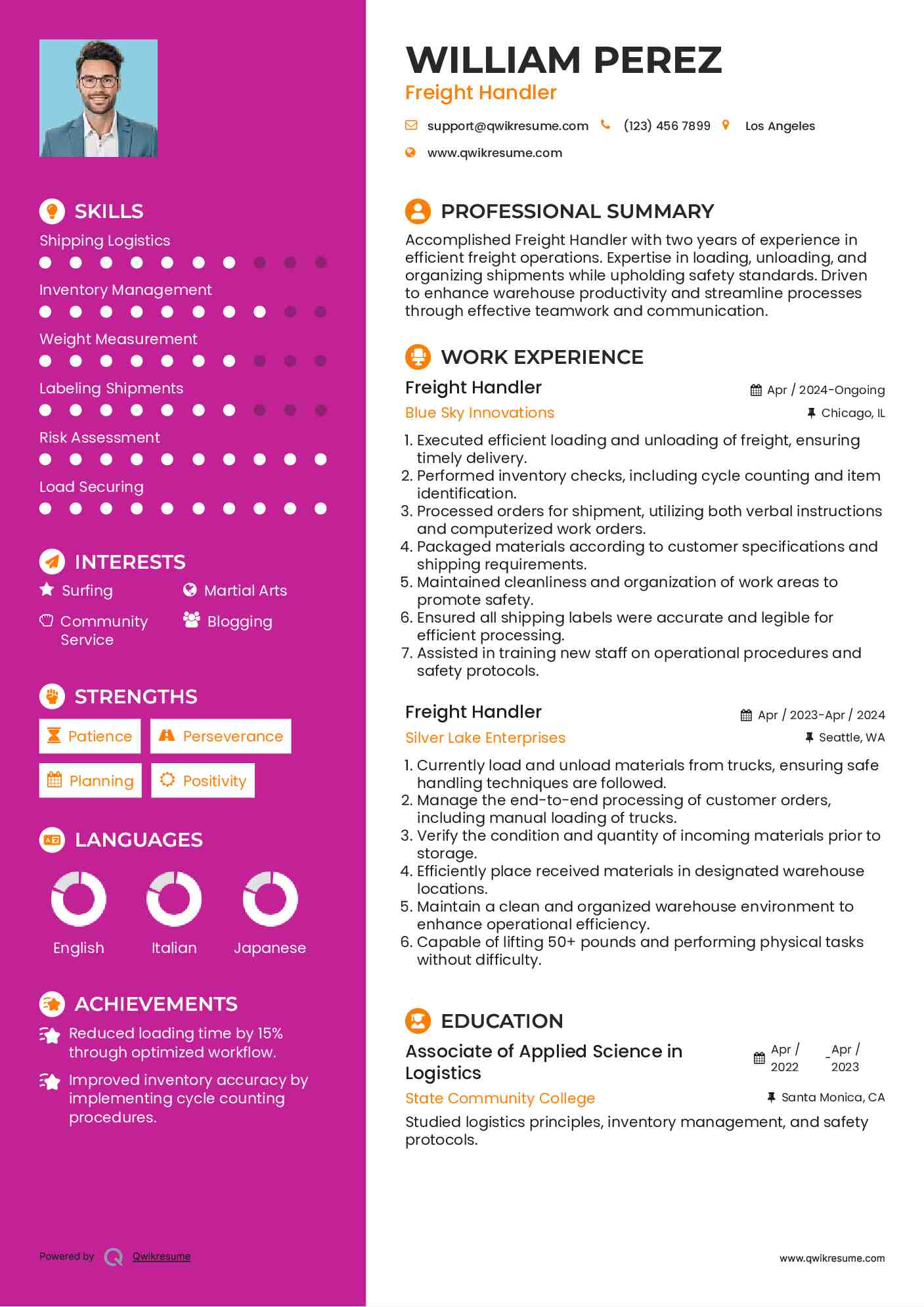 Freight Handler Resume Example