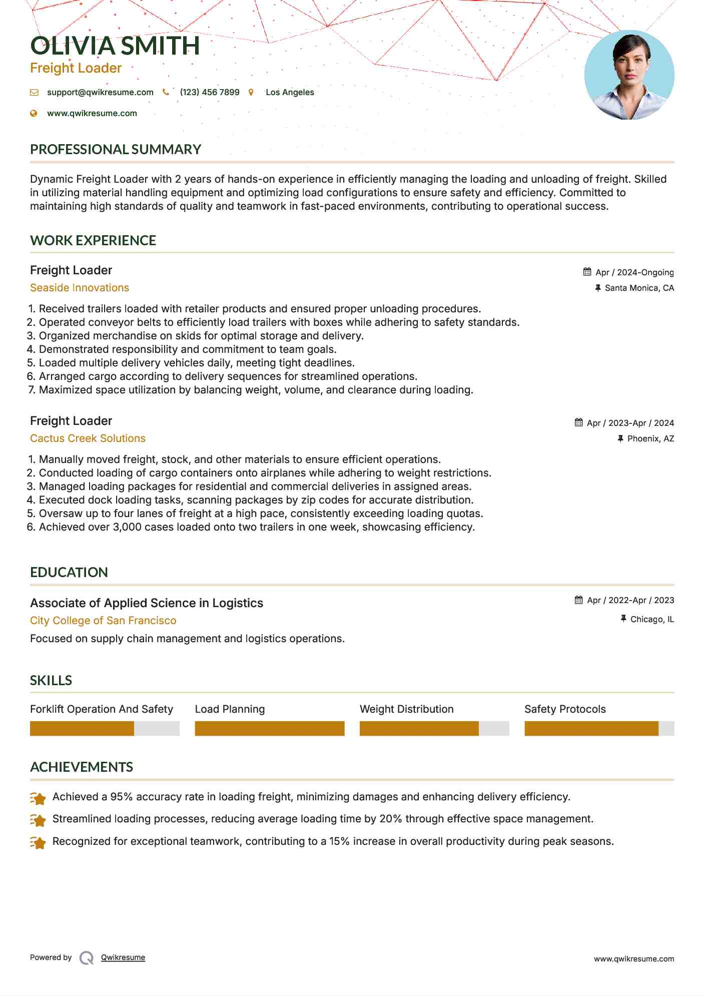 Freight Loader Resume Model