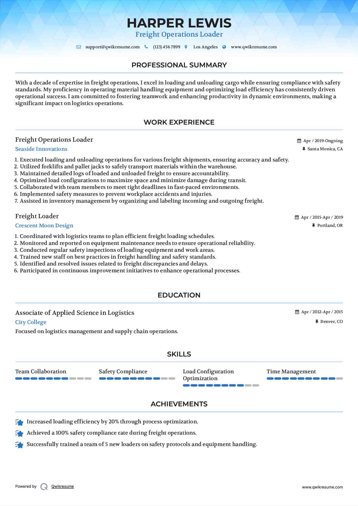 Freight Operations Loader Resume Format