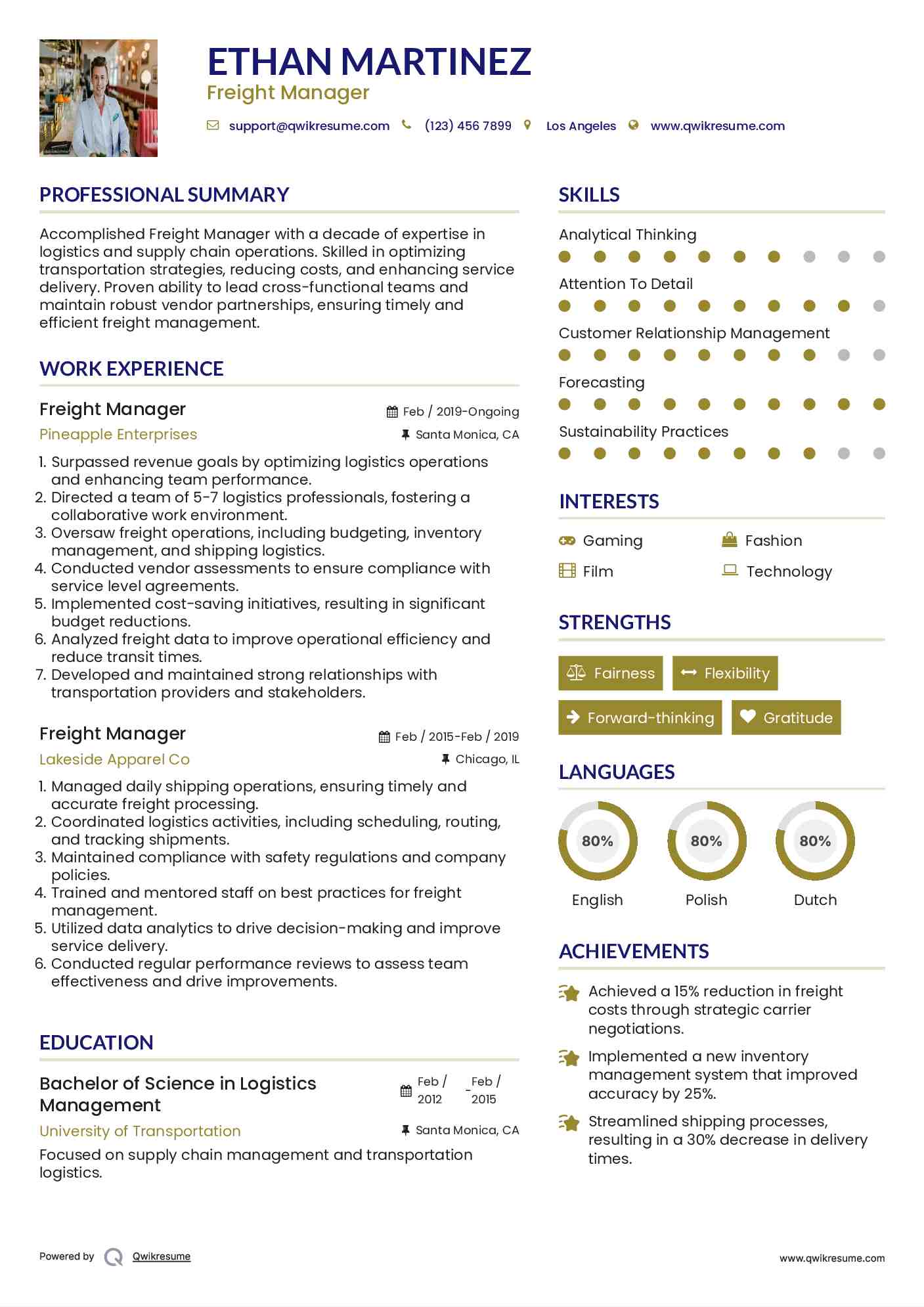 Freight Manager Resume Format