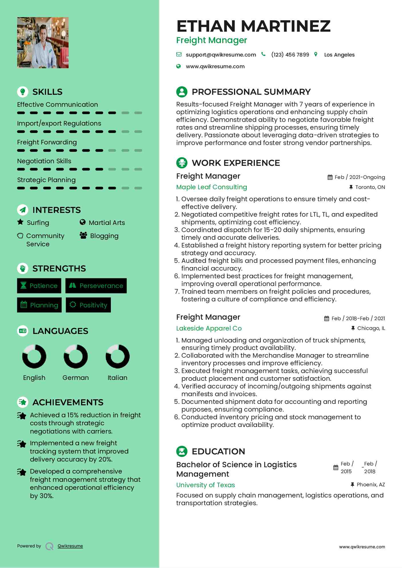 Freight Manager Resume Format