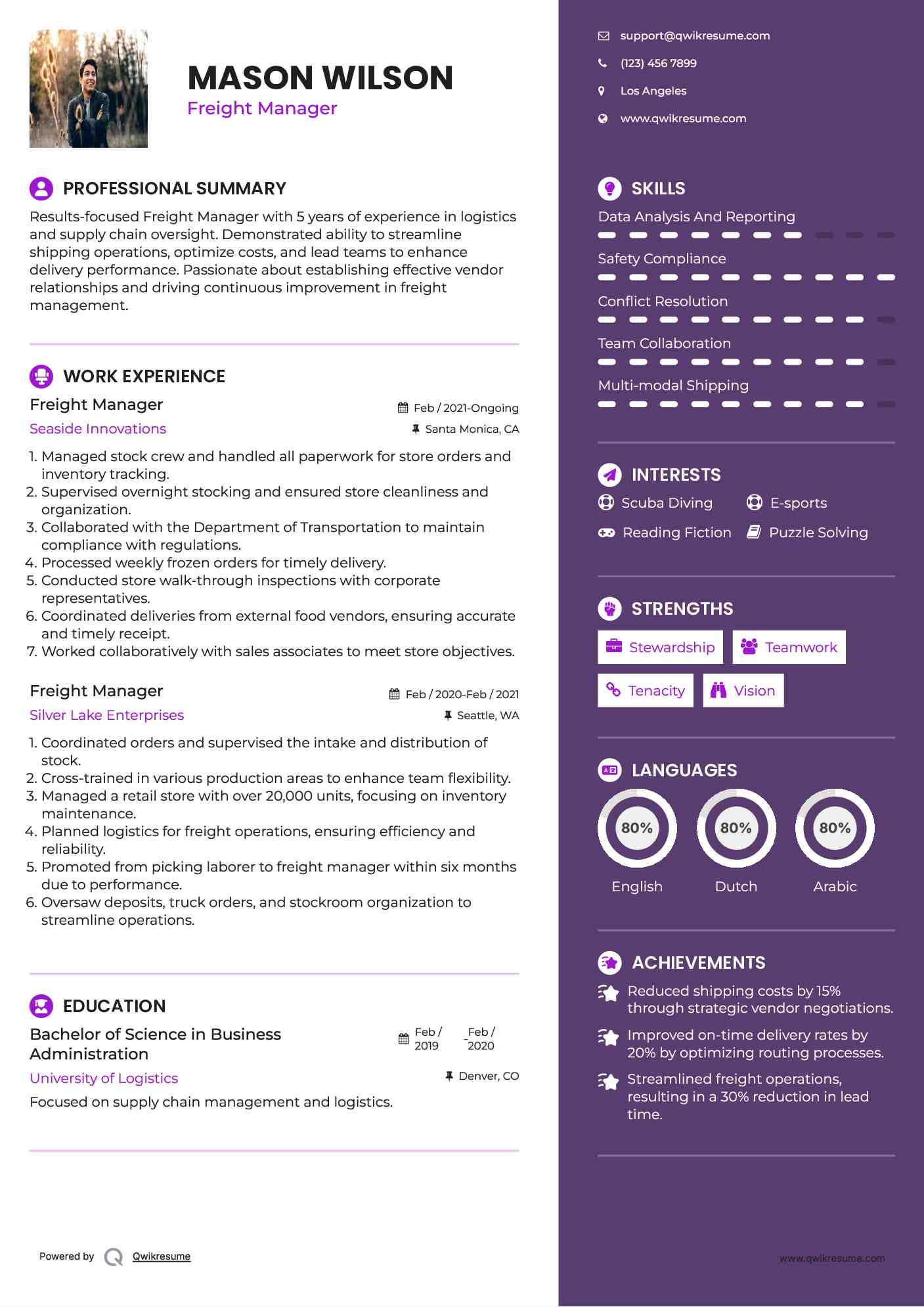 Freight Manager Resume Sample