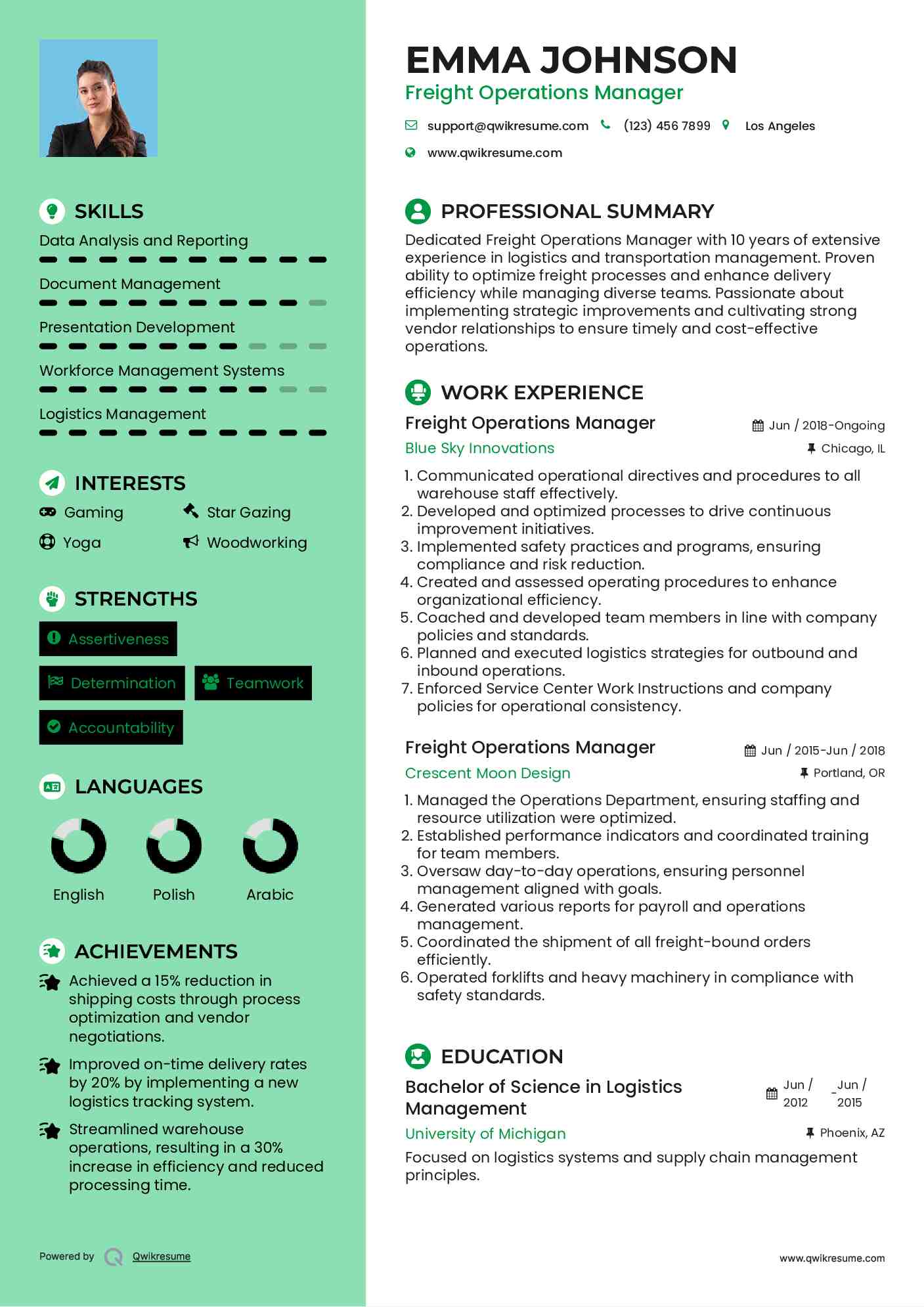 Freight Operations Manager Resume Sample