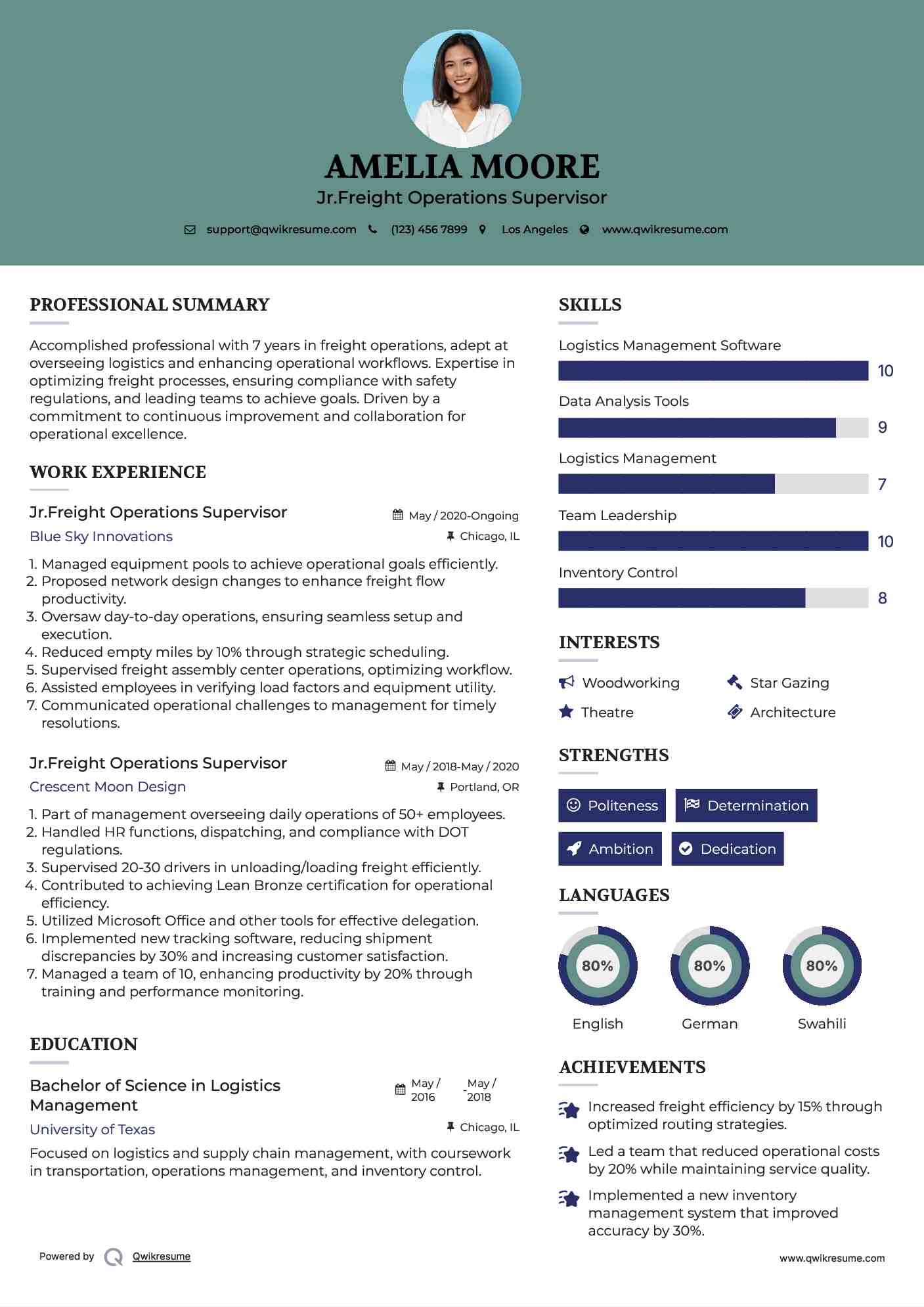 Jr.Freight Operations Supervisor Resume Example