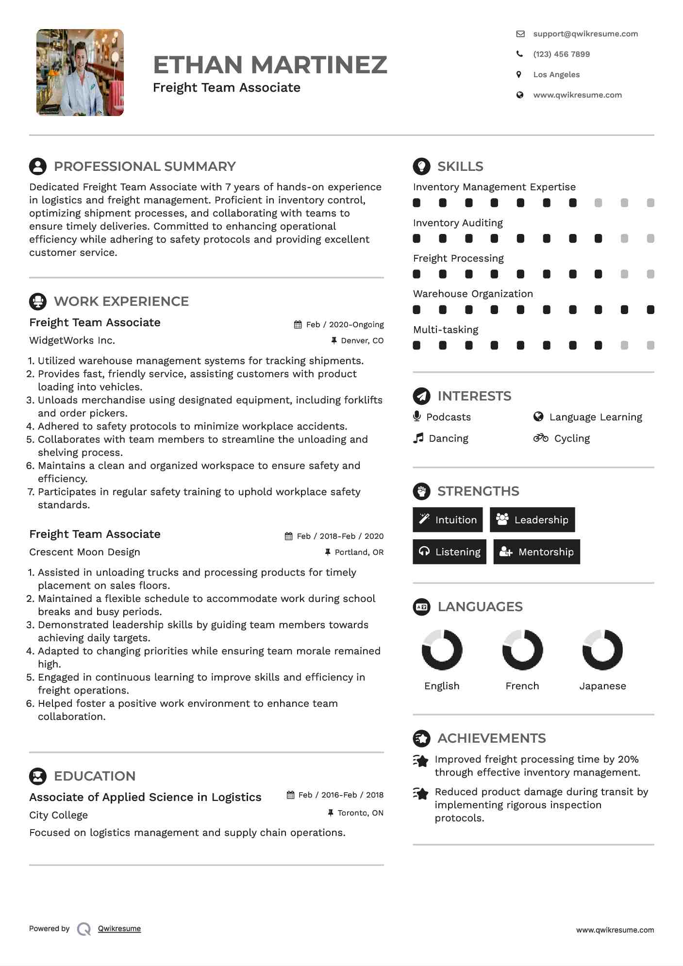 Freight Team Associate Resume Model