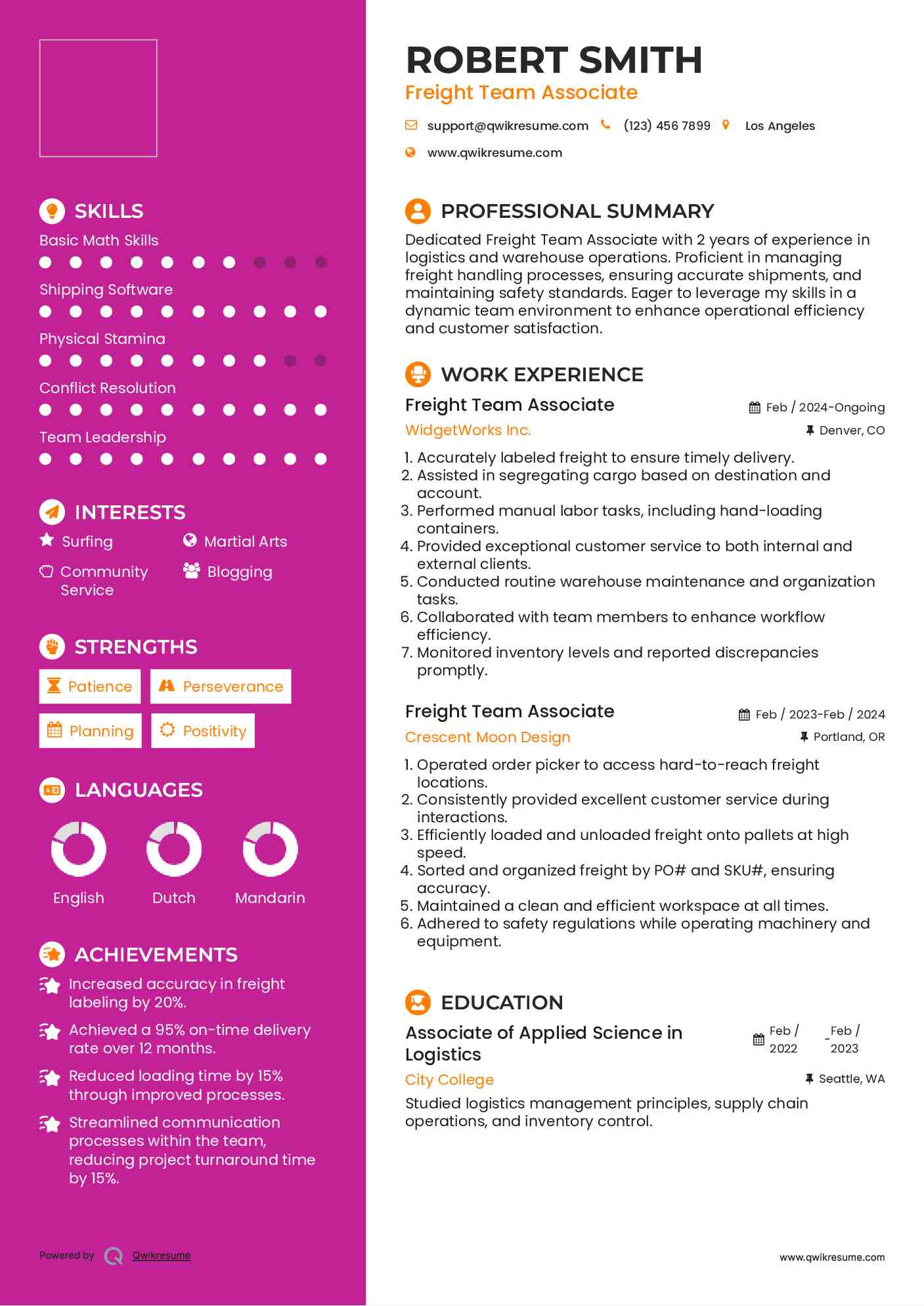 Freight Team Associate Resume Format