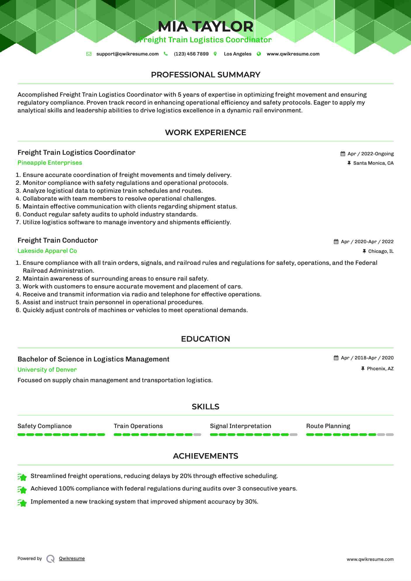 Freight Train Logistics Coordinator Resume Example