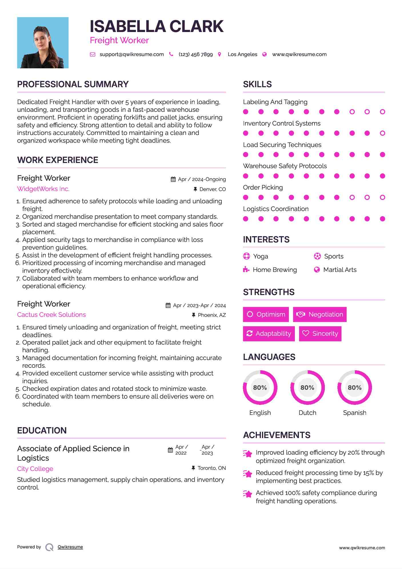 Freight Worker Resume Example