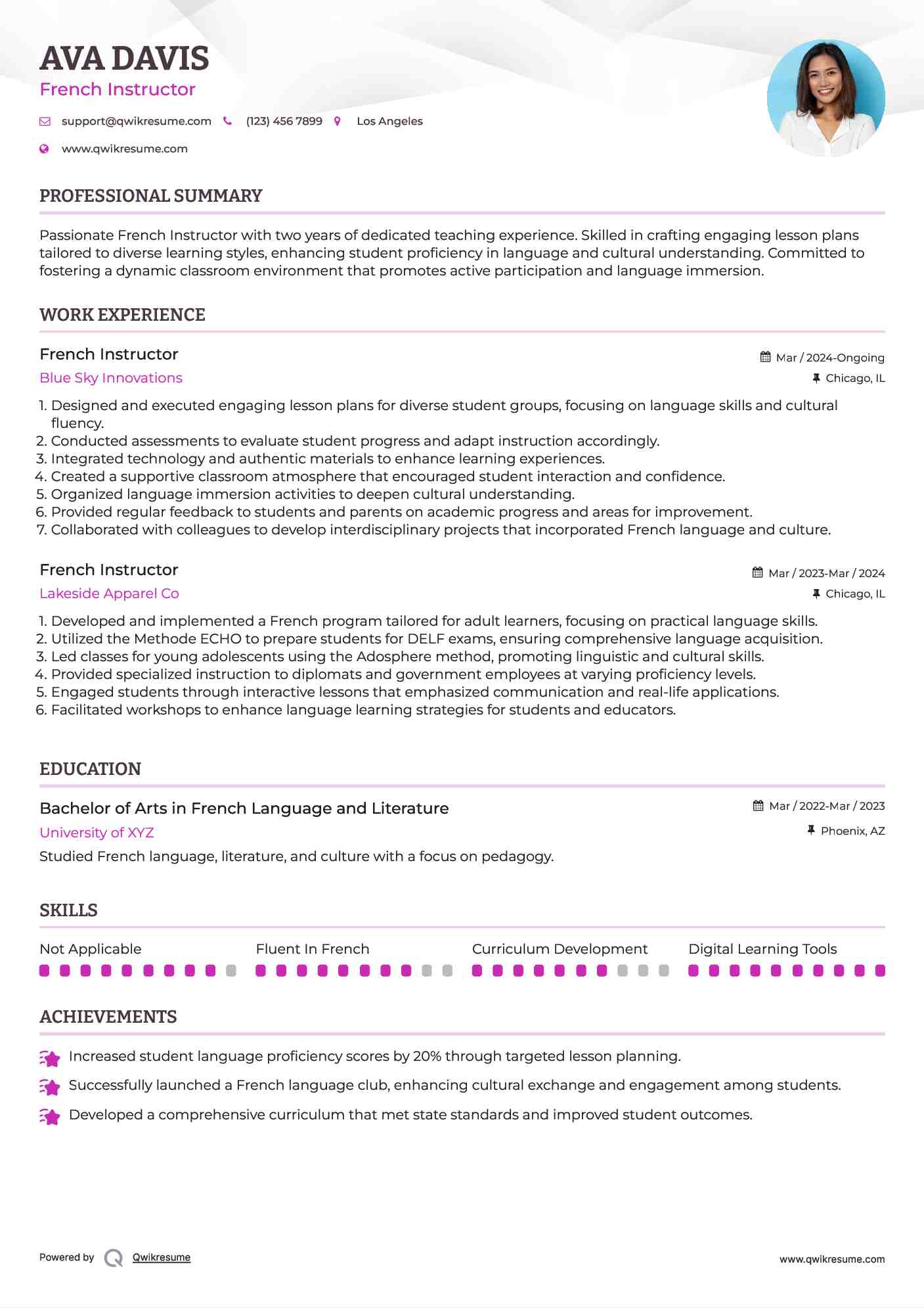 French Instructor Resume Model